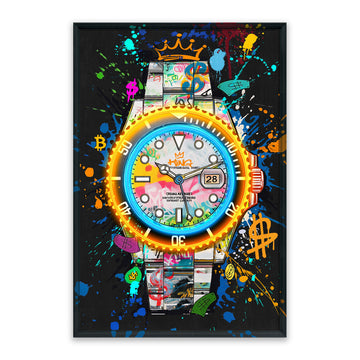 Luxury Time LED wall art canvas, a neon watch design glowing gold and blue