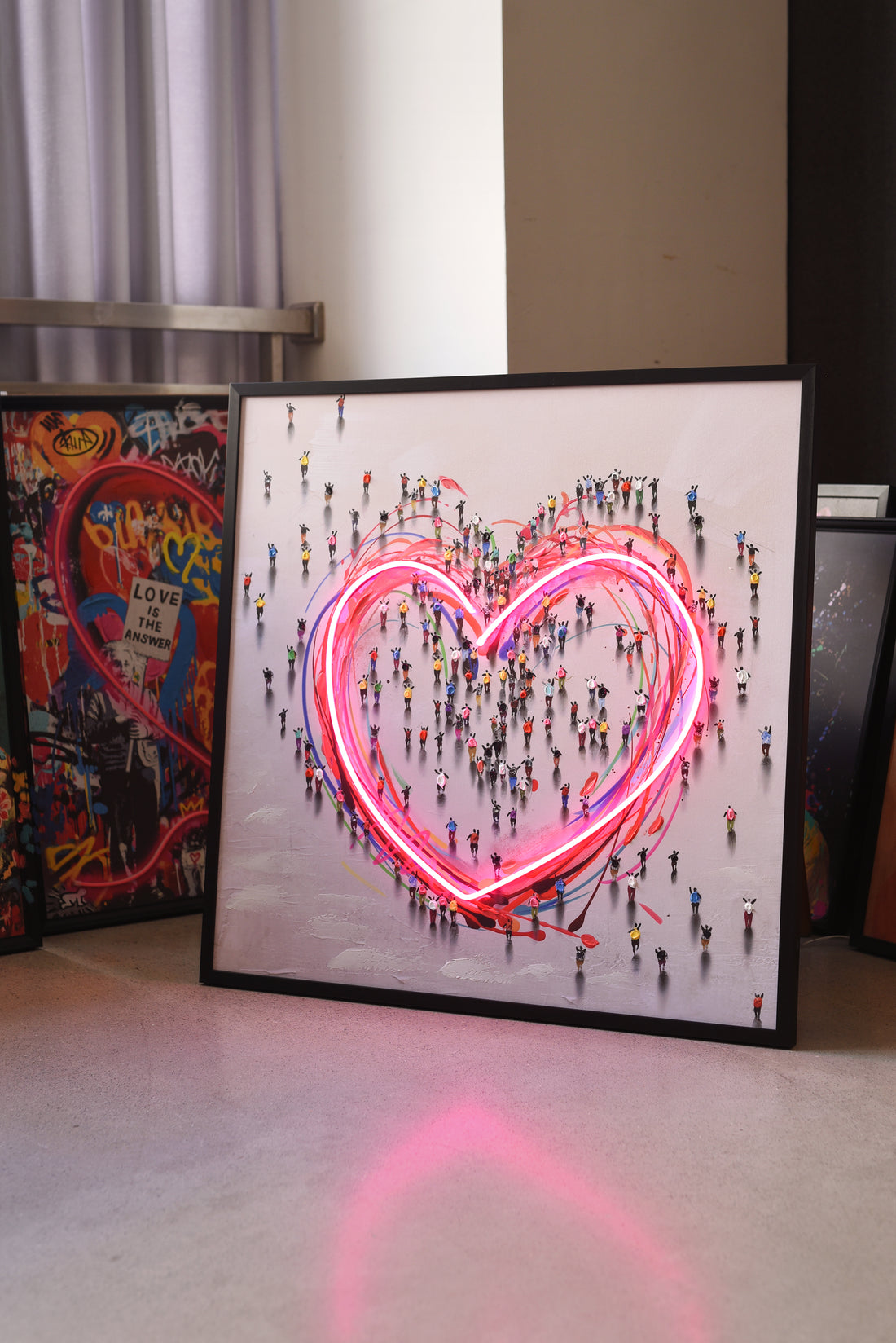 Together in Love LED Wall Art – Neon Heart Crowd Canvas (83x83cm)
