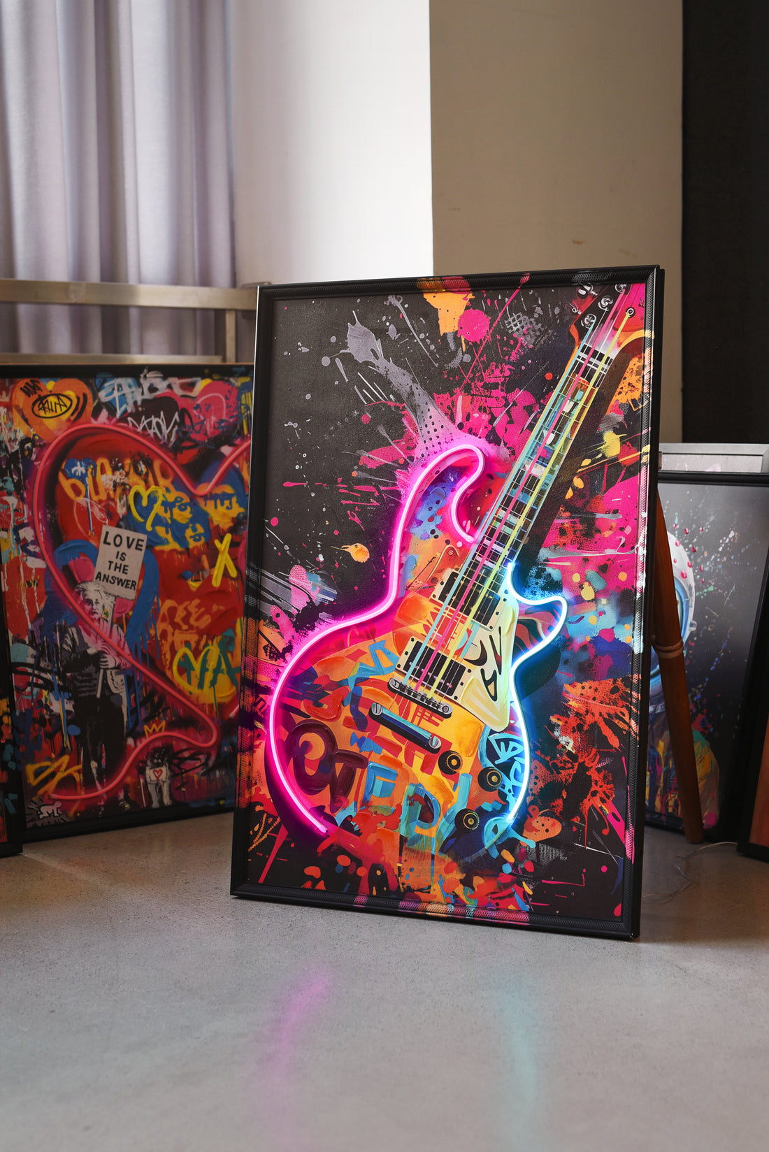 Electric Rhythm LED Wall Art – Neon Pop Art Guitar Canvas (63x93cm)