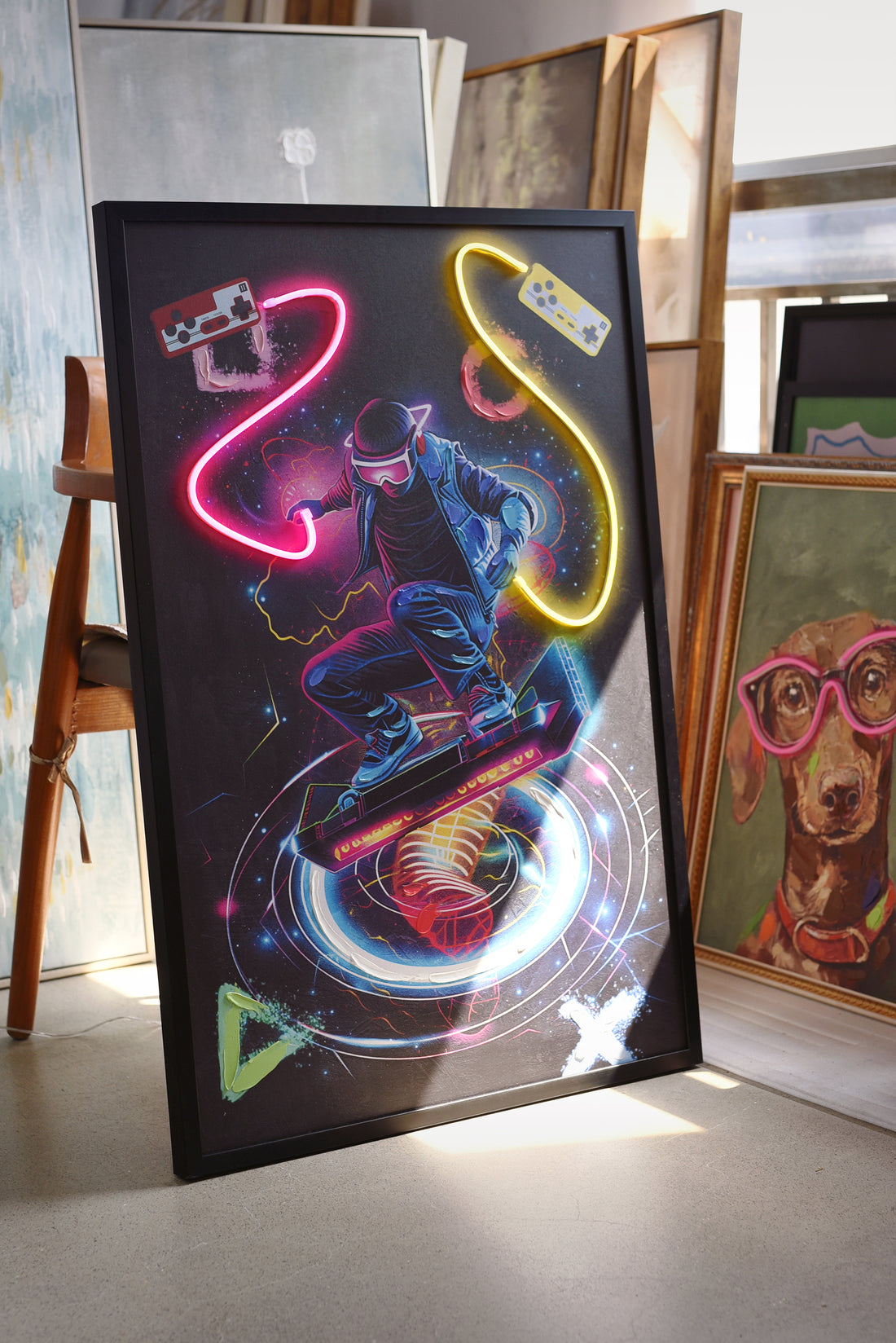 Neon Gamer LED Wall Art – VR Hoverboard Canvas (63x93cm)