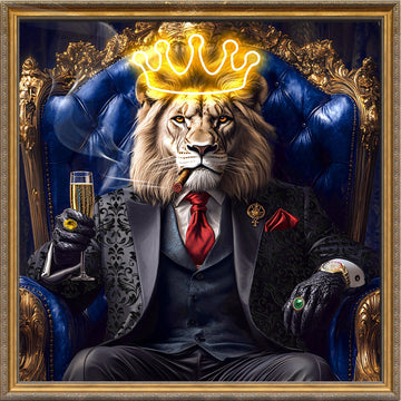Majestic Lion King LED Wall Art – Gold Crown Canvas (100x100cm)