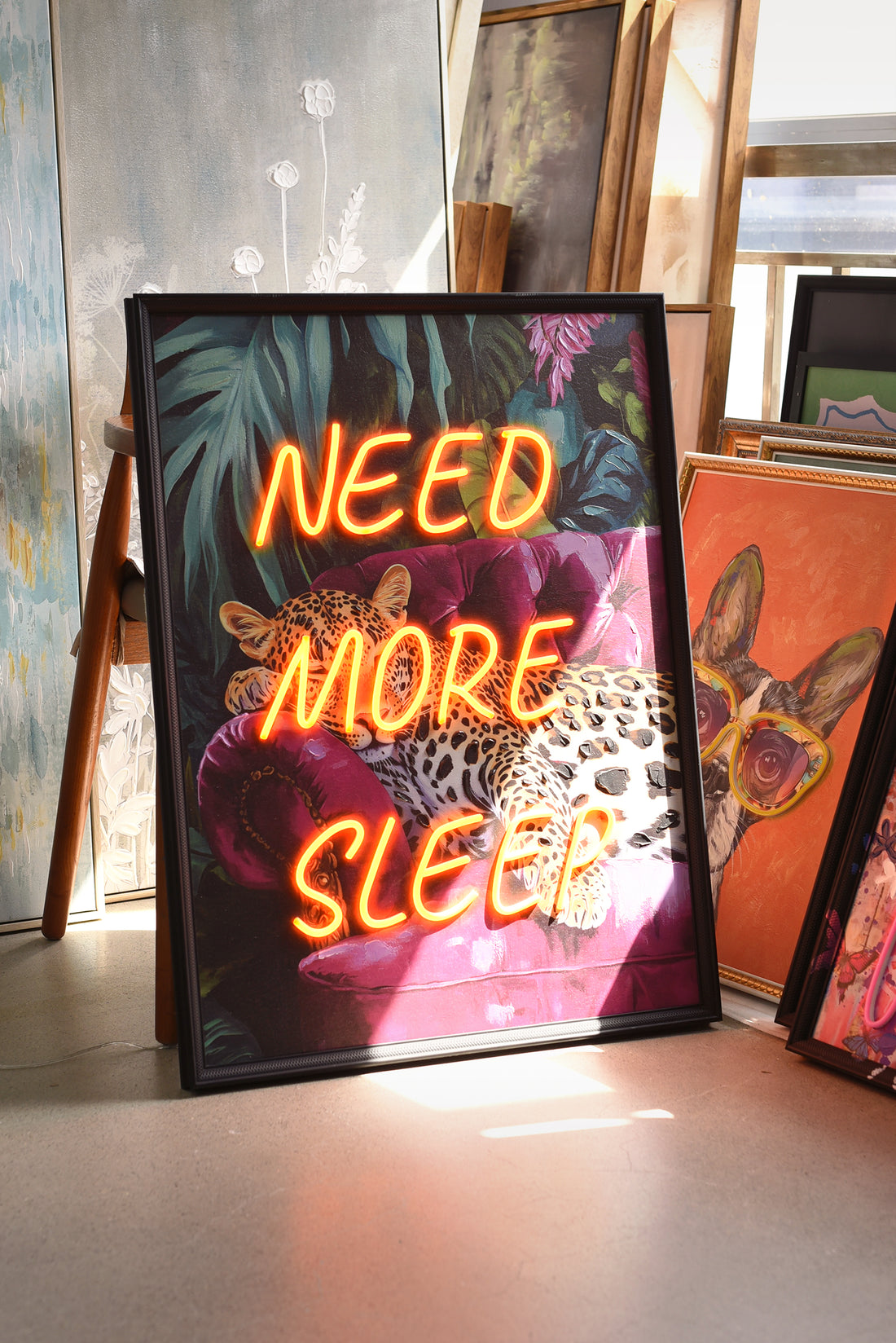 Need More Sleep LED Wall Art – Neon Leopard Canvas (63x83cm)