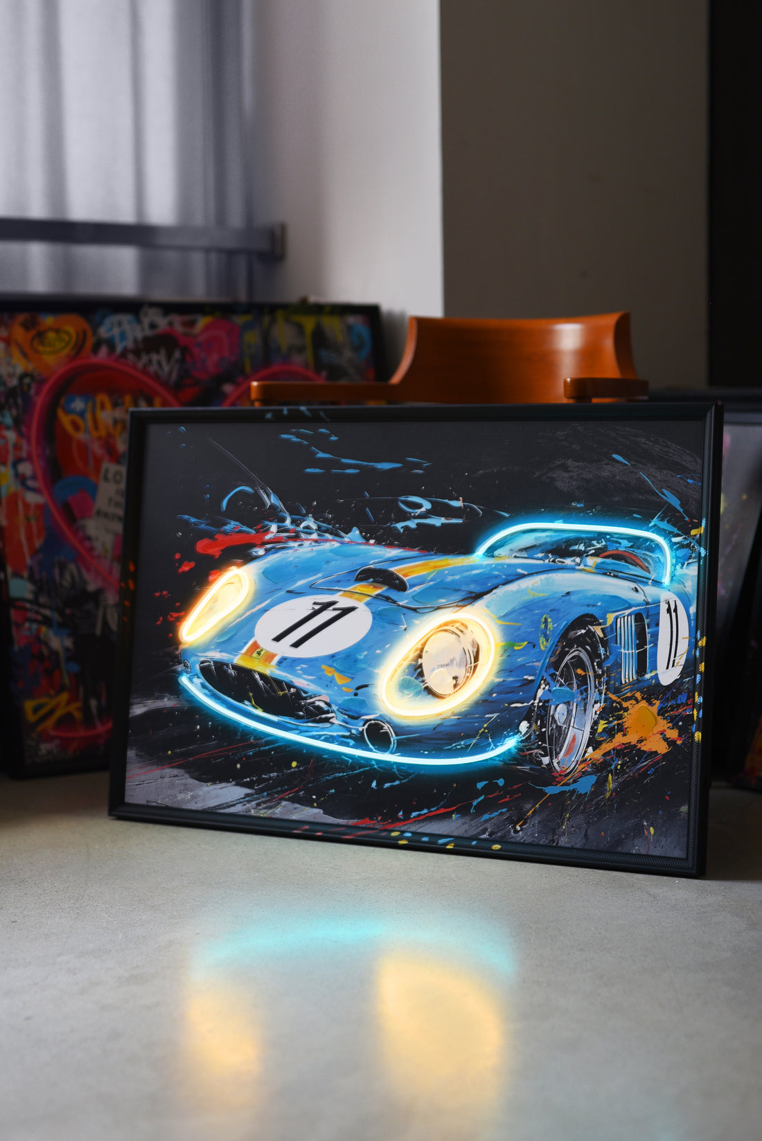 Full Throttle LED Wall Art – Classic Blue Race Car Canvas (93x63cm)