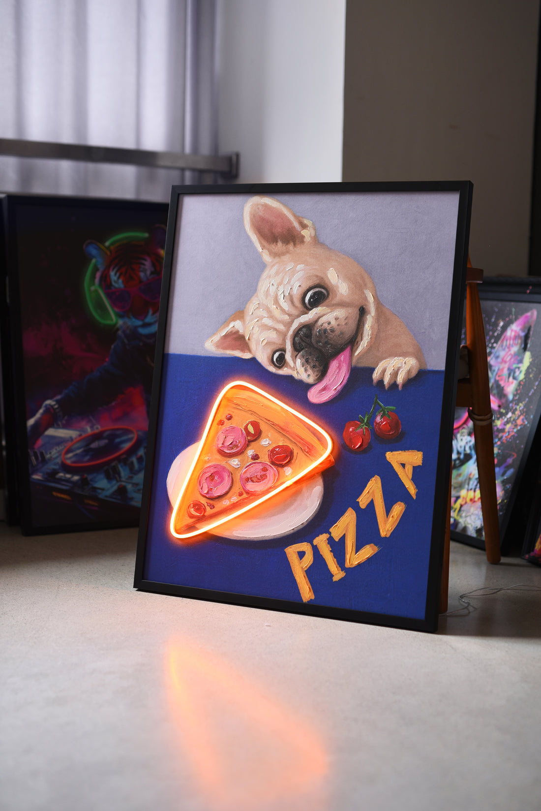 Pizza Please LED Wall Art – Hungry French Bulldog Canvas (63x83cm)