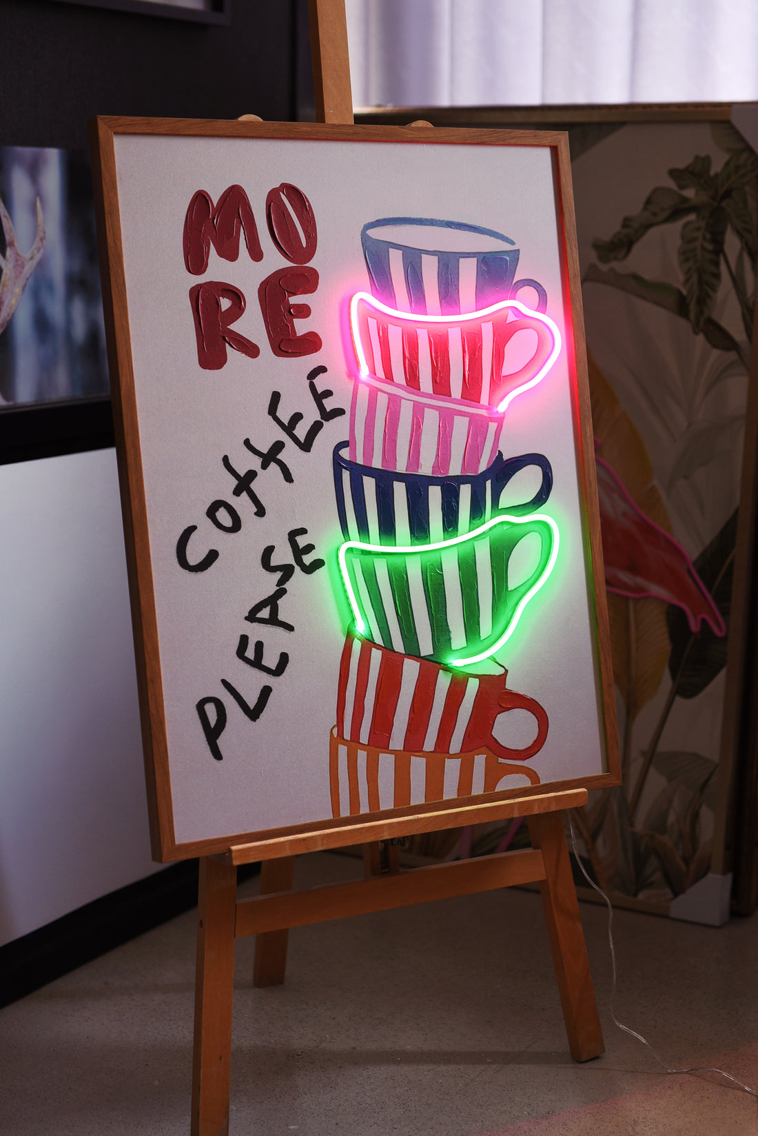 More Coffee Please LED Wall Art – Neon Stacked Cups Canvas (63x83cm)