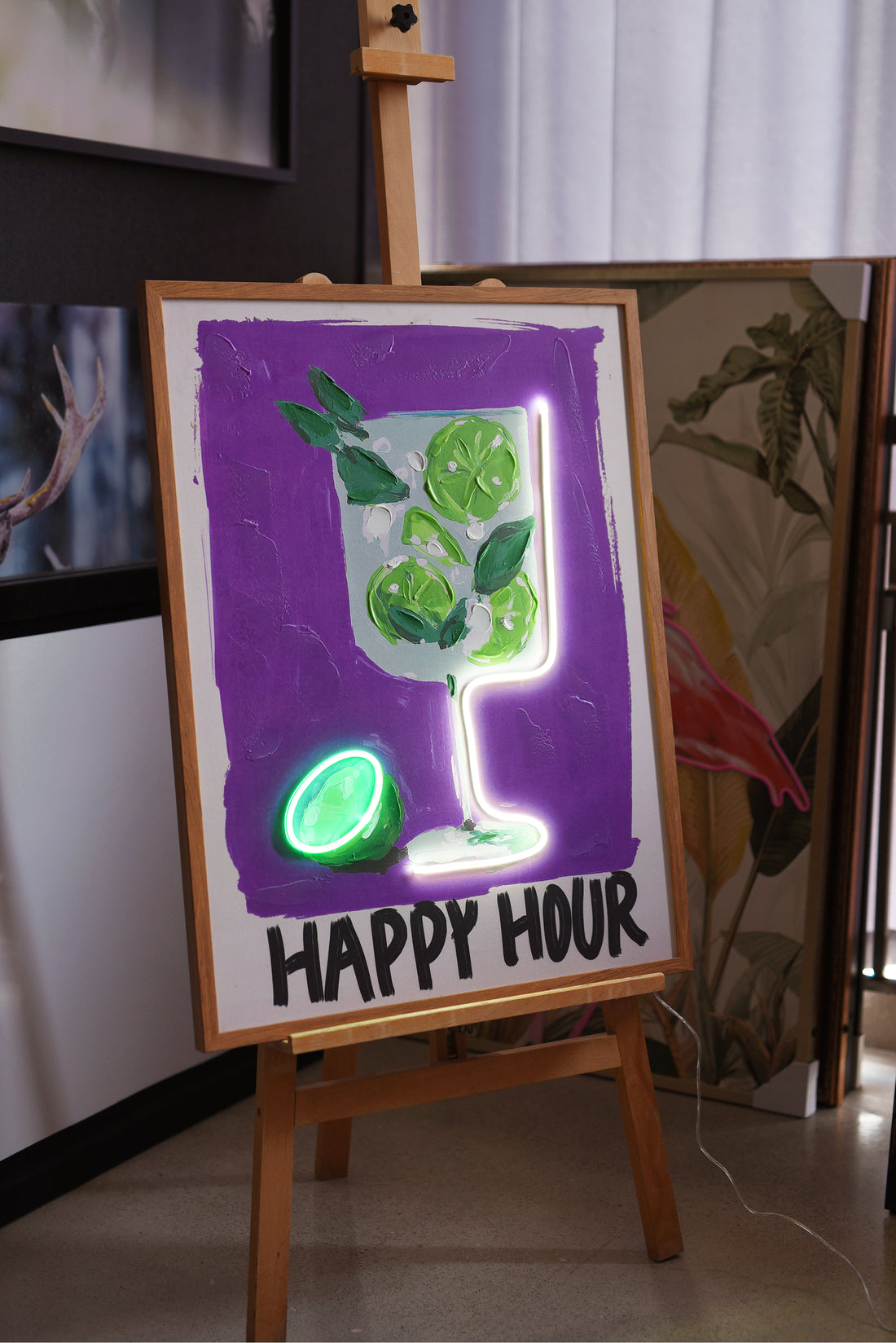 Happy Hour LED Wall Art – Neon Lime Cocktail Canvas (63x83cm)
