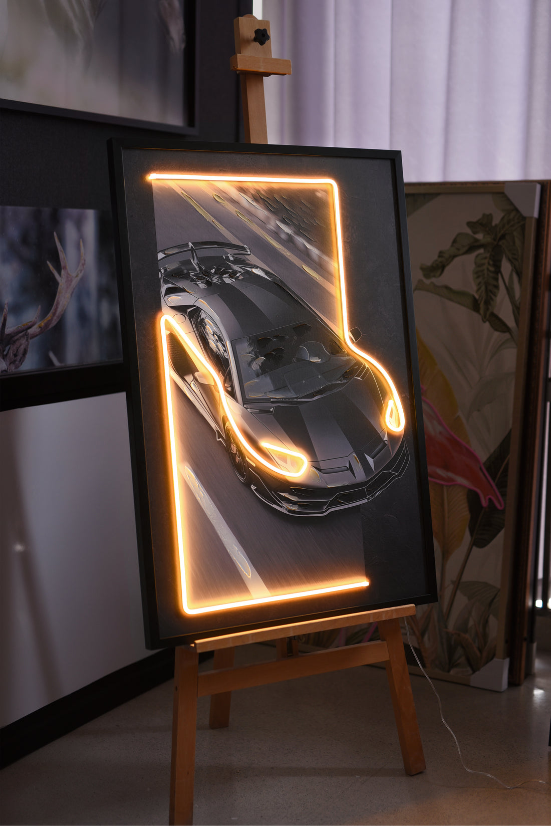 Midnight Velocity LED Wall Art – Black Supercar Canvas (63x93cm)