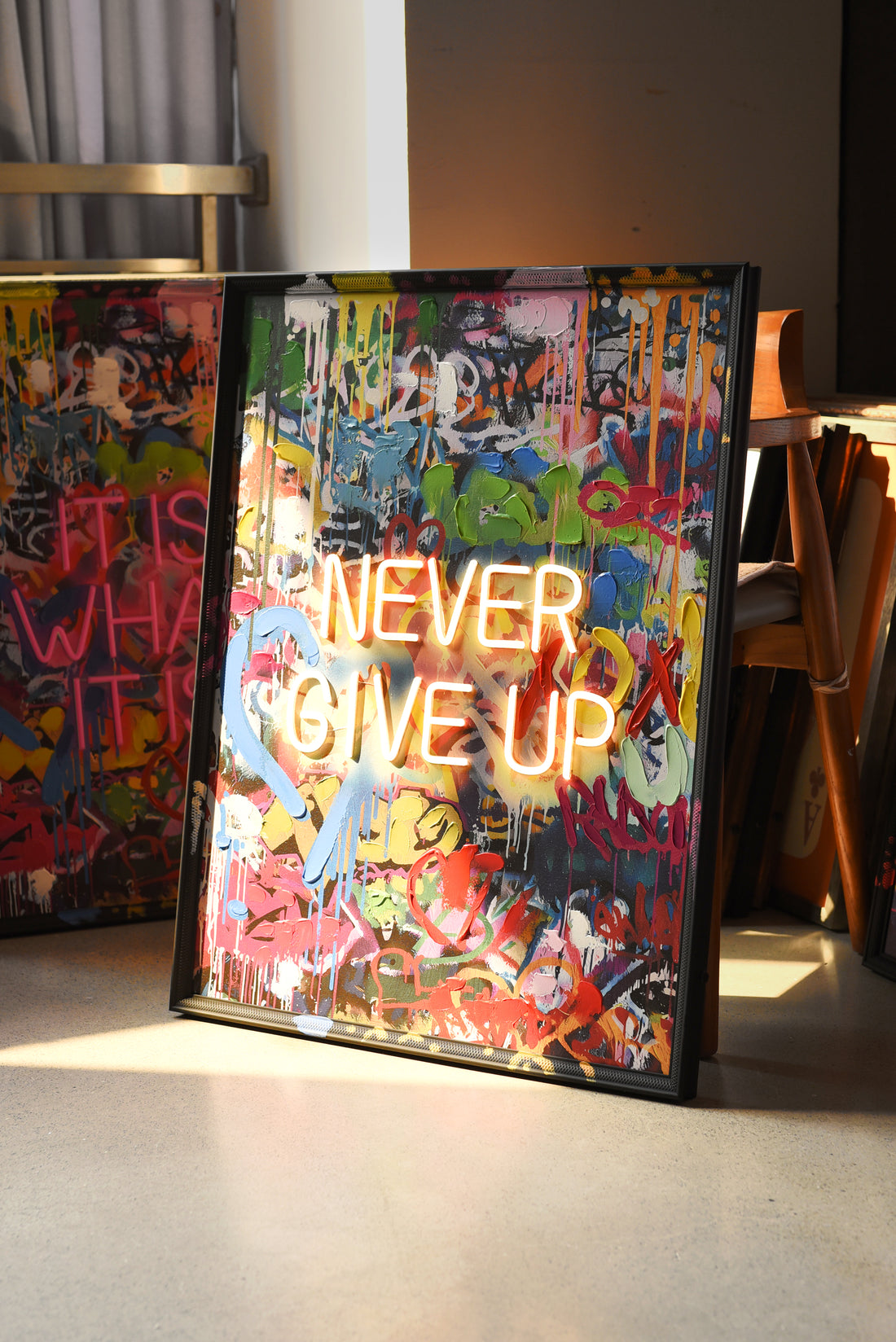 Never Give Up LED Wall Art – Neon Graffiti Canvas (63x83cm)