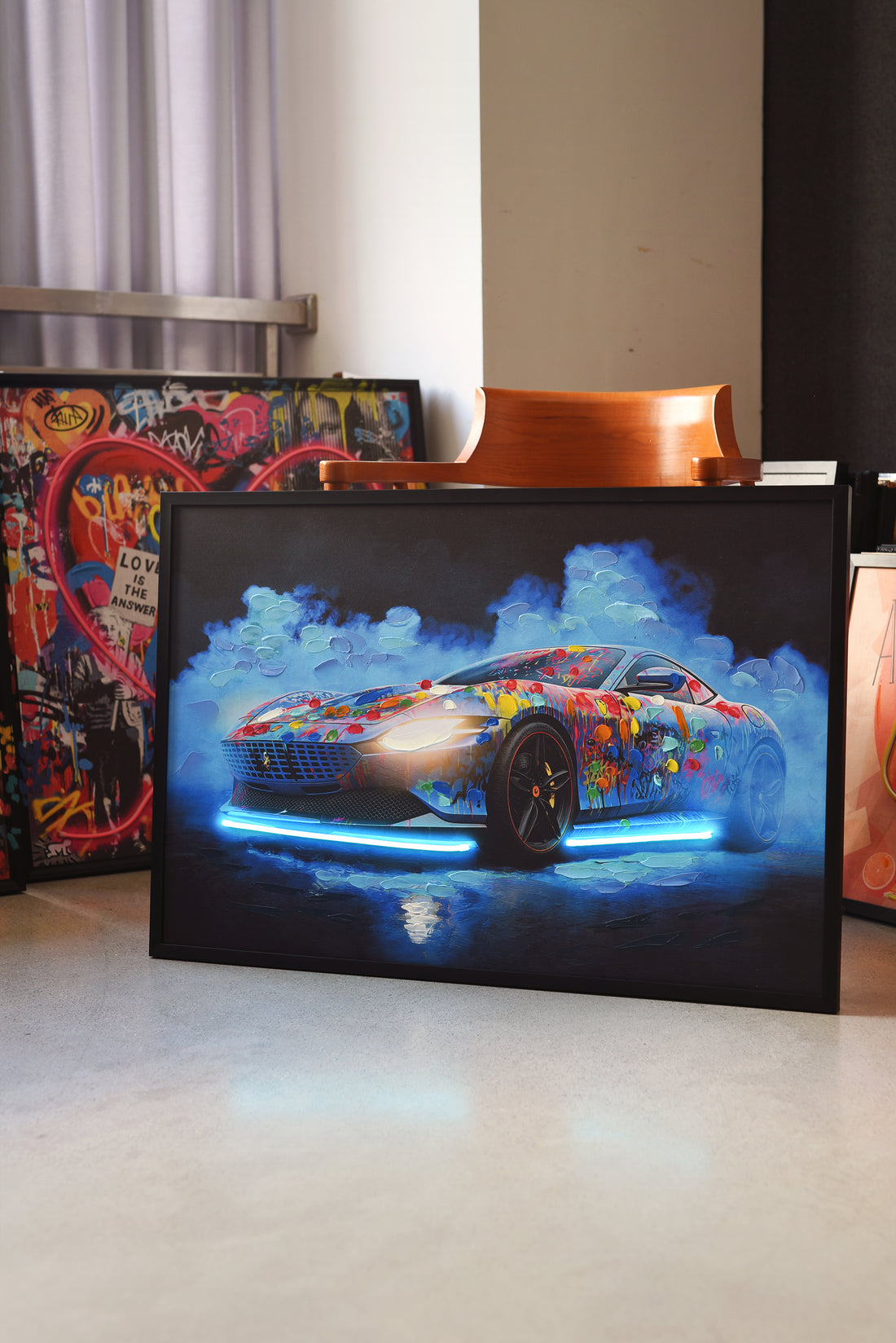 Neon Street Racer LED Wall Art – Graffiti Supercar Canvas (93x63cm)