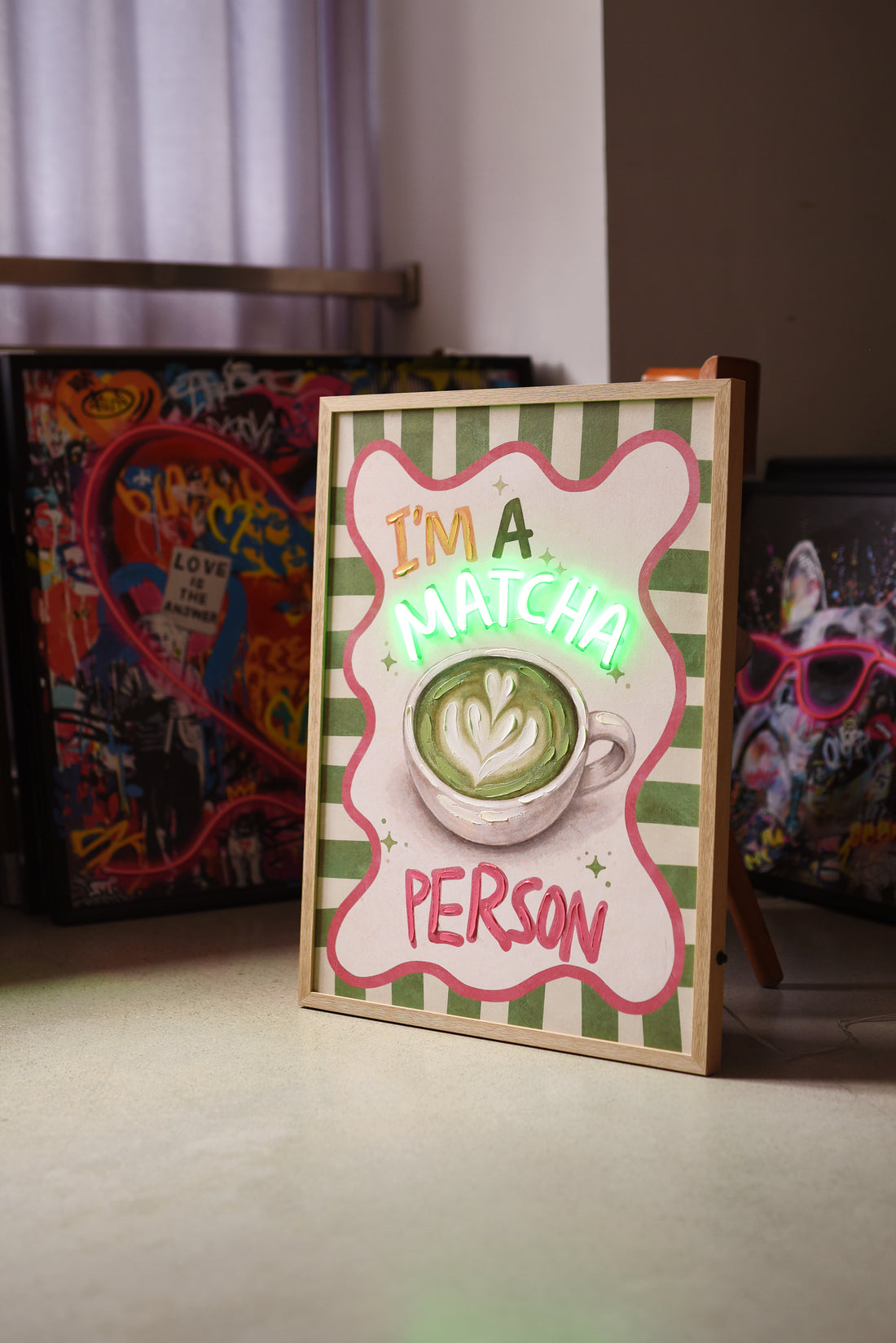 Matcha Person LED Wall Art – Neon Green Tea Canvas (53x73cm)