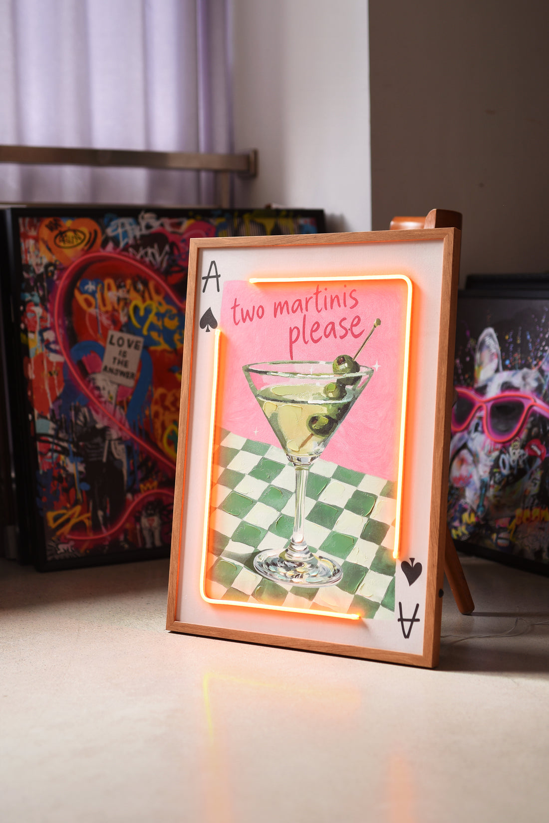 Two Martinis Please LED Wall Art – Neon Cocktail Canvas (53x73cm)