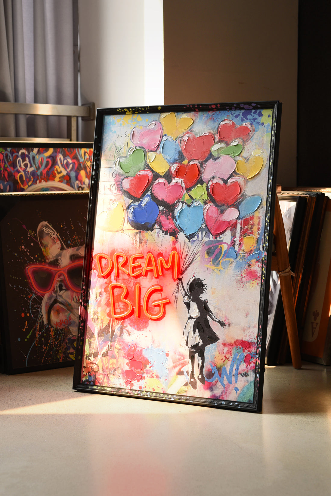 Dream Big LED Wall Art – Neon Heart Balloons Canvas (63x93cm)