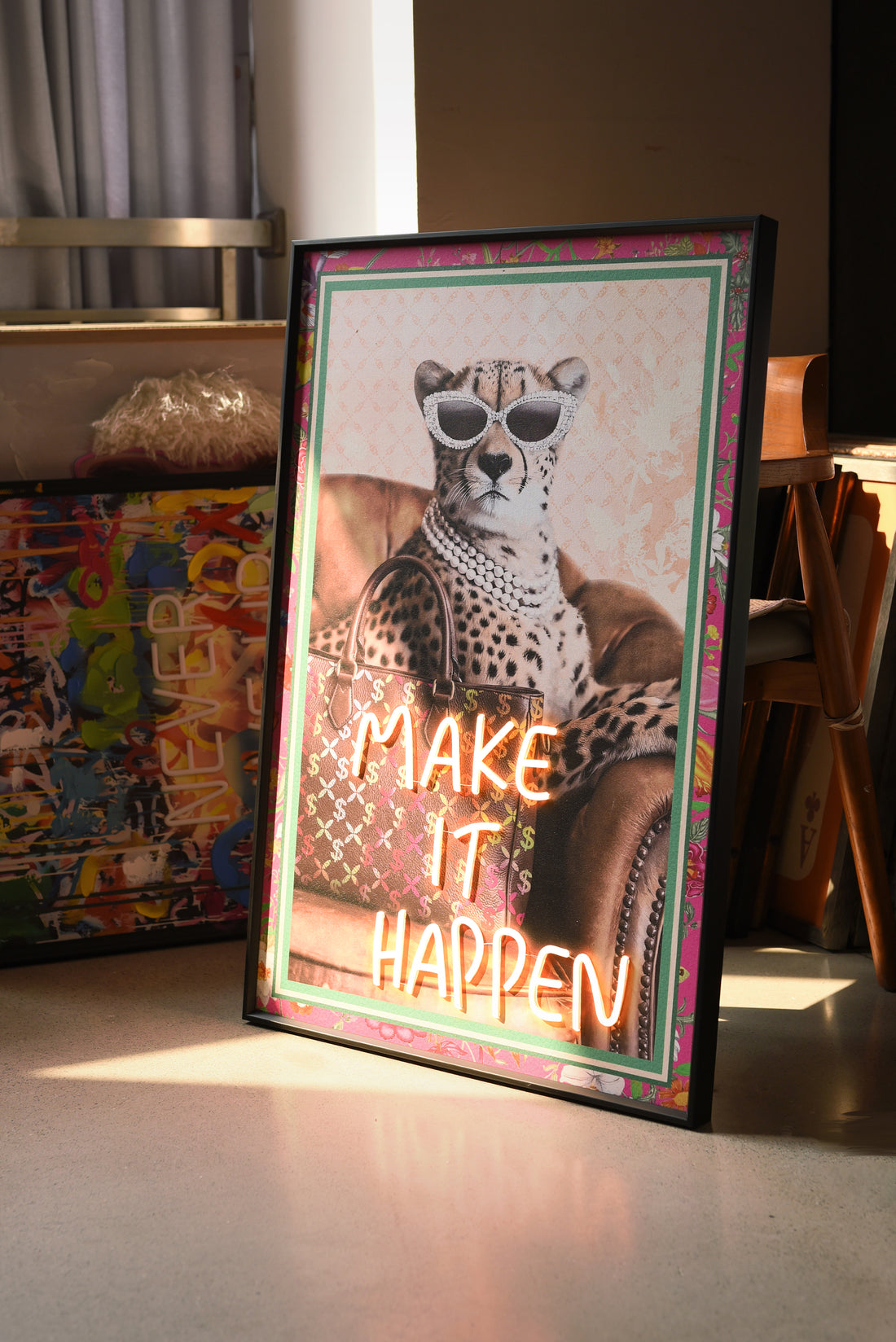 Make It Happen LED Wall Art – Neon Cheetah Canvas (61.6x91.6cm)