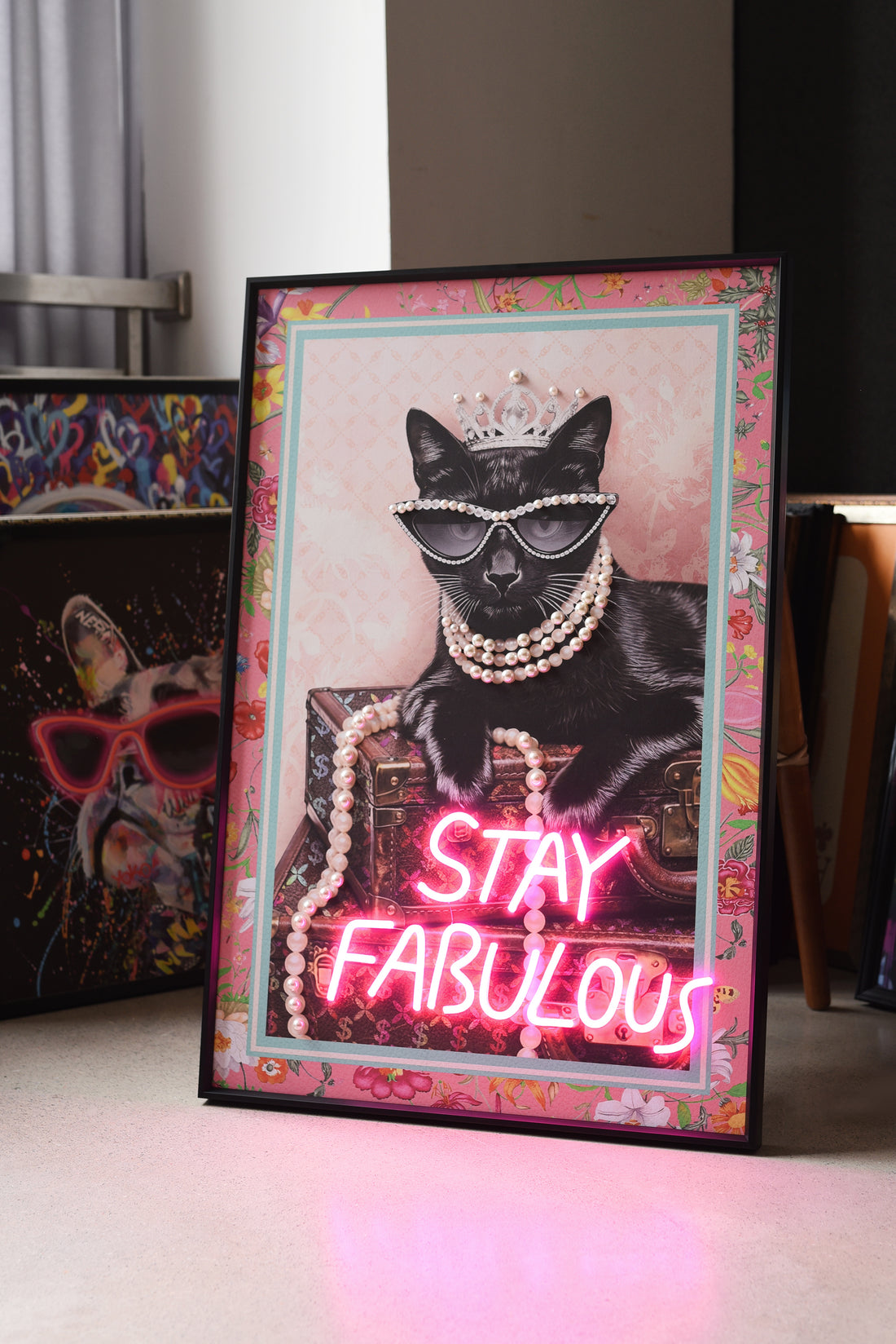Stay Fabulous LED Wall Art – Neon Glam Cat Canvas (61.6x91.6cm)