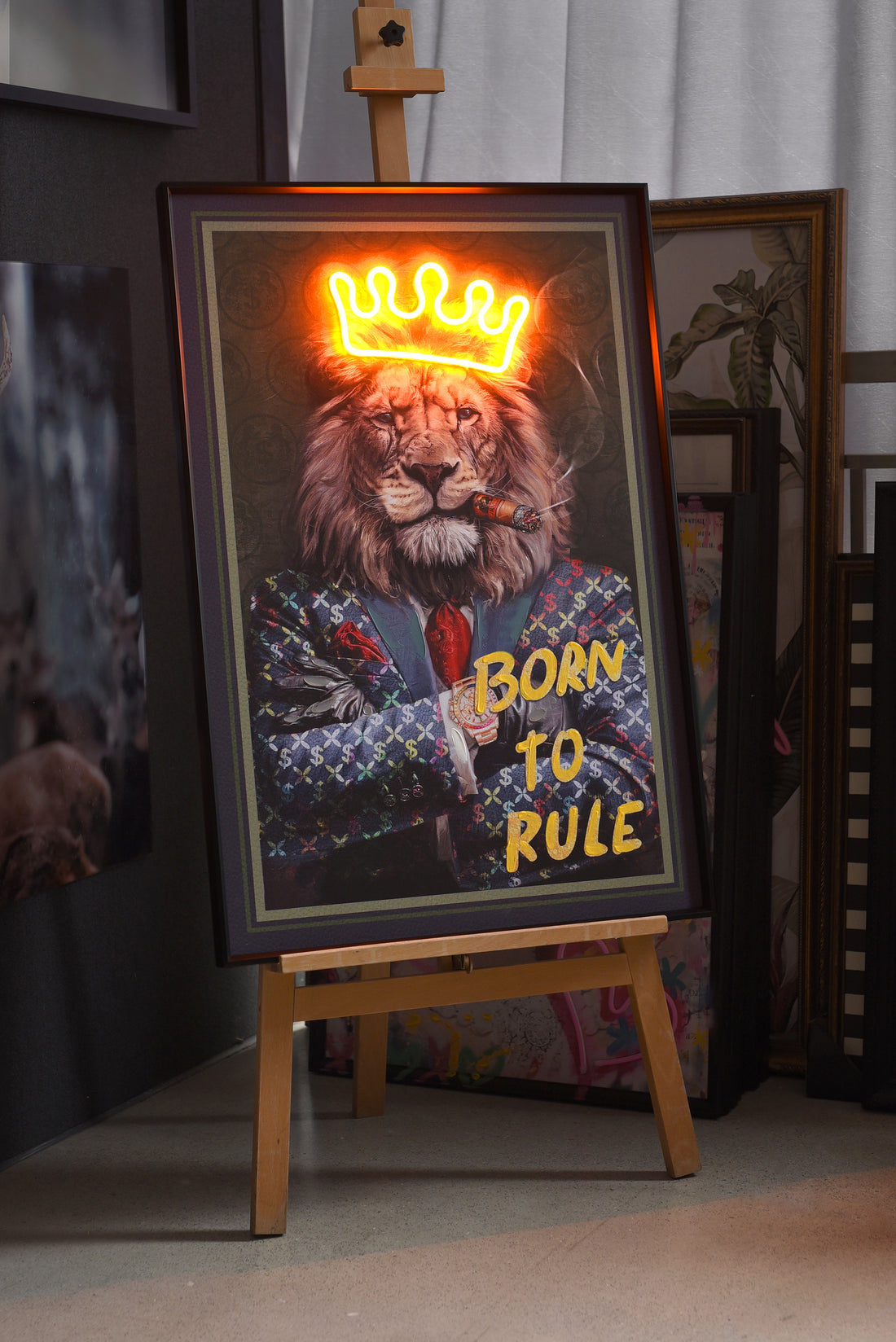 Born to Rule LED Wall Art – Neon Boss Lion Canvas (61.6x91.6cm)