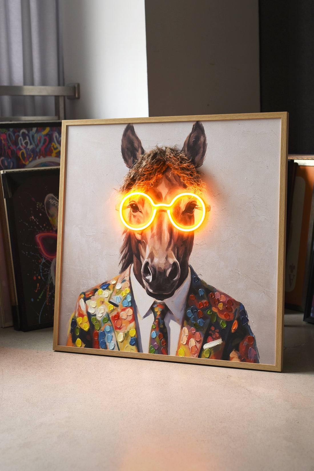 Stylish Horse LED Wall Art – Neon Glasses Canvas (83x83cm)
