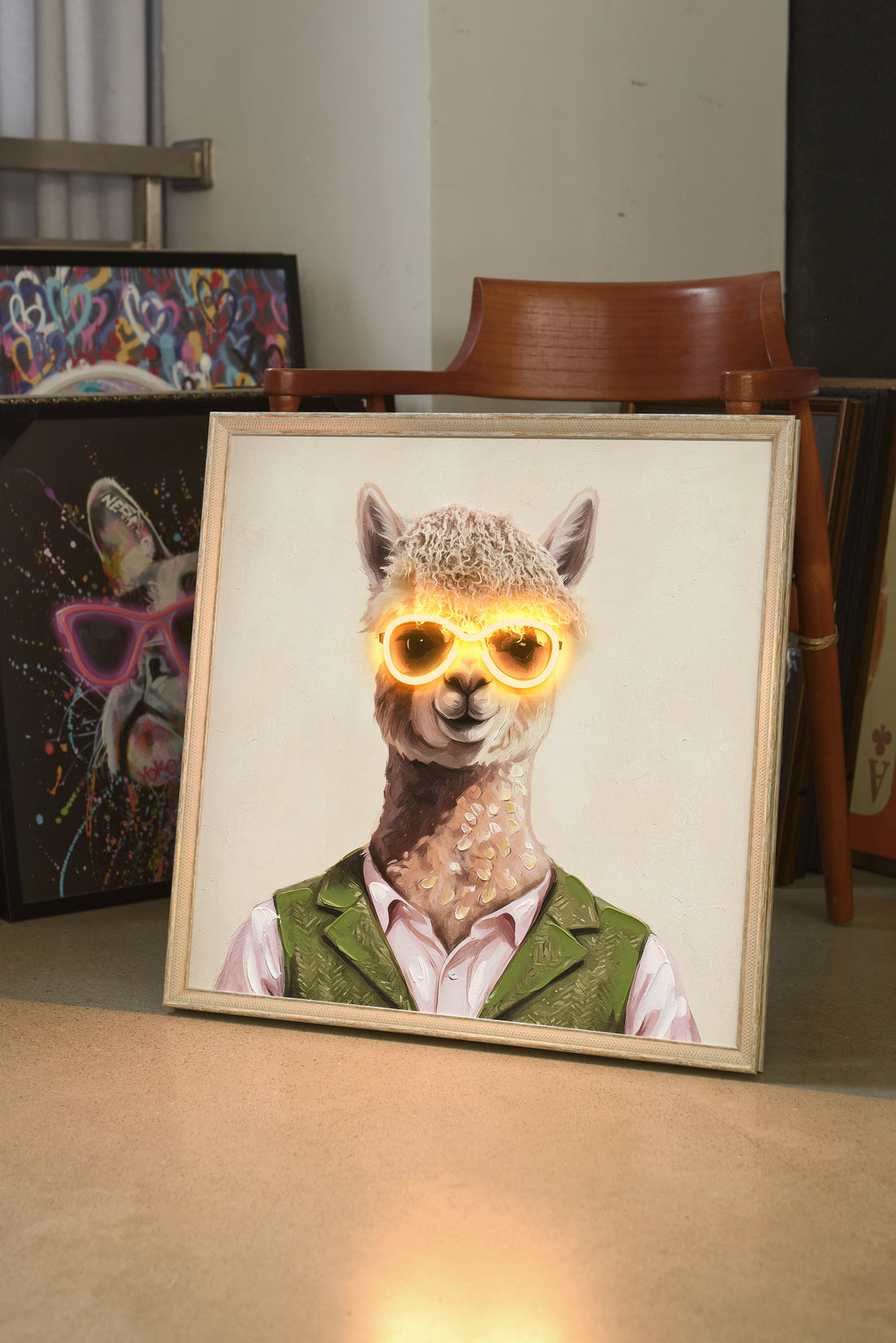 Stylish Llama LED Wall Art – Neon Glasses Canvas (63x63cm)