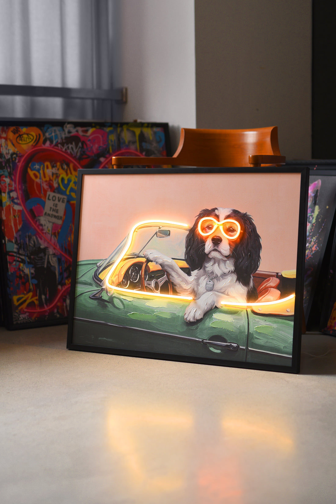 Golden Drive LED Wall Art – Stylish Spaniel Convertible Canvas (83x63cm)