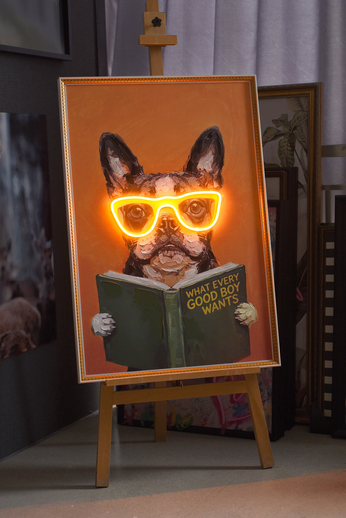 Smart French Bulldog LED Wall Art – Neon Glasses Canvas (63x93cm)