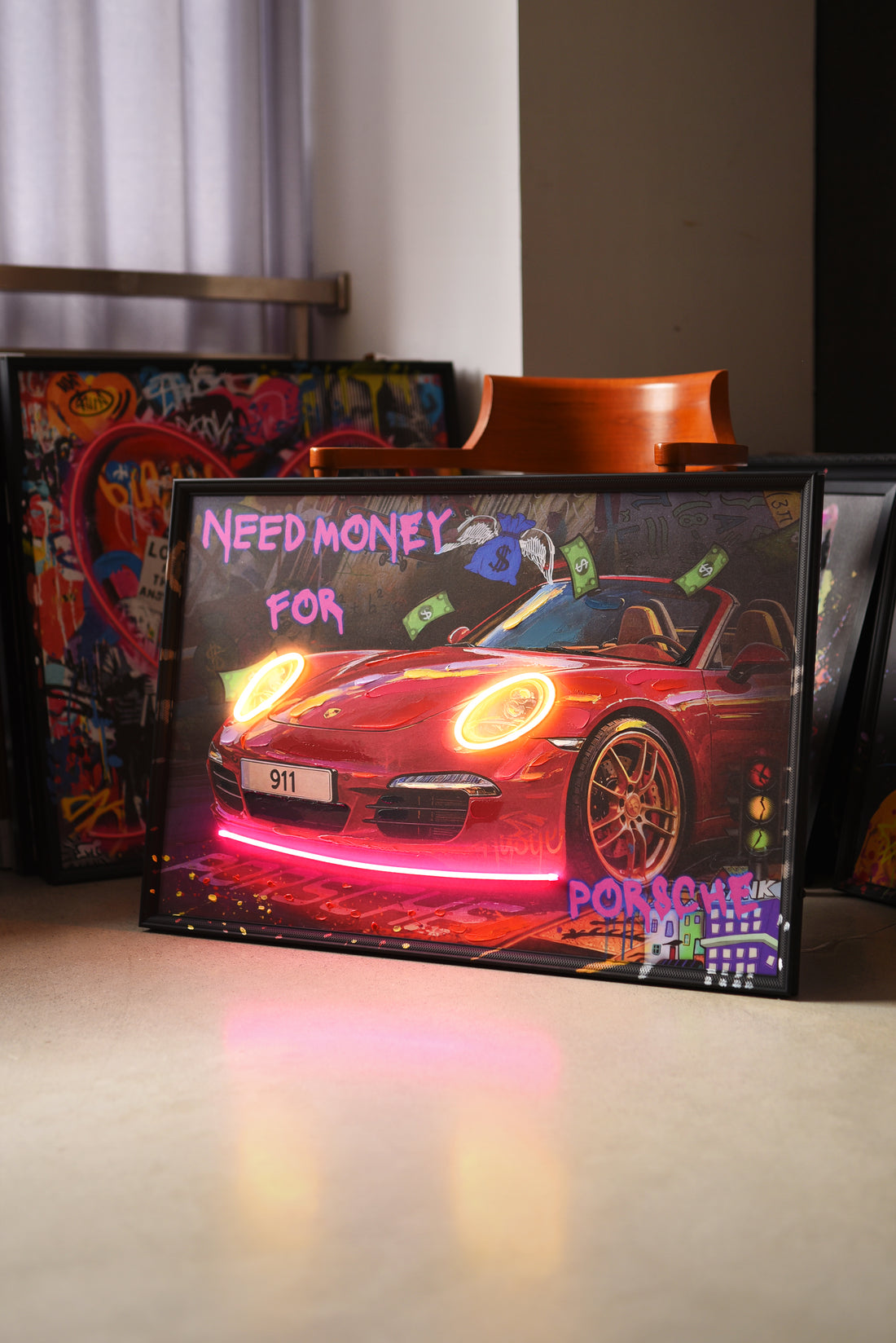 Need Money for Porsche LED Wall Art – Red 911 Sports Car Canvas (93x63cm)
