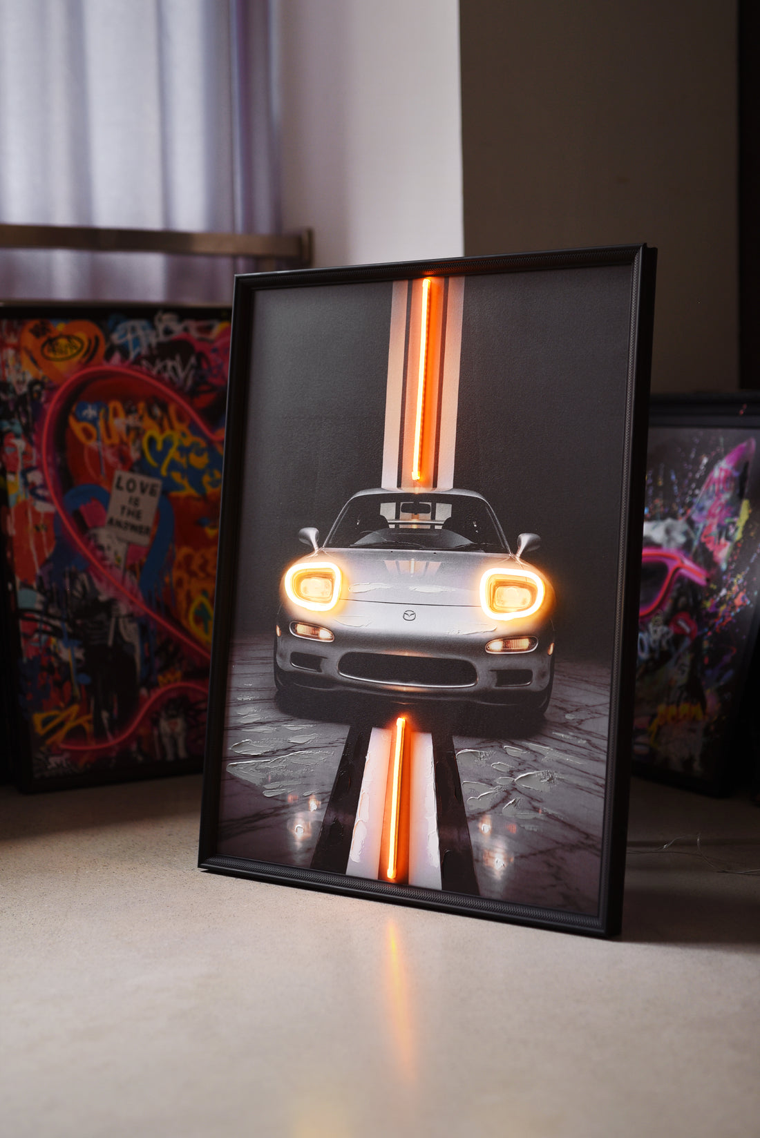 Golden Apex LED Wall Art – Silver Japanese Sports Car Canvas (63x83cm)