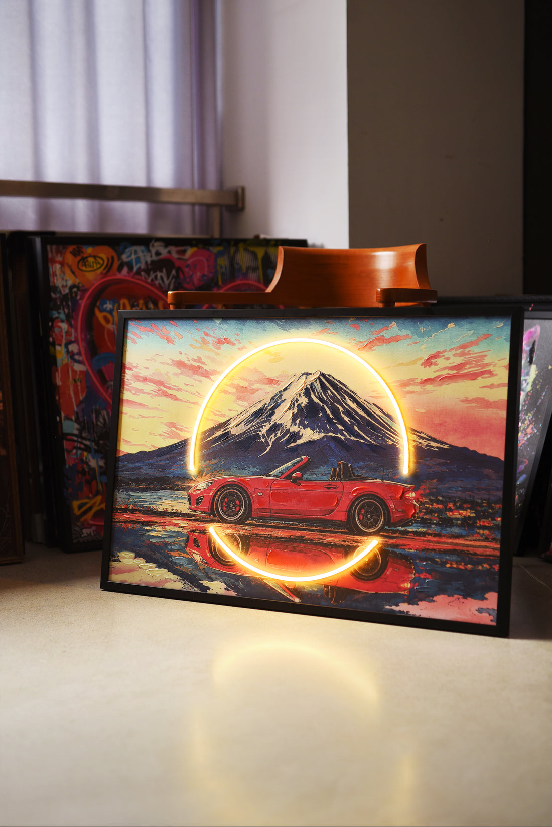 Sunset Roadster LED Wall Art – Red Japanese Convertible Canvas (93x63cm)