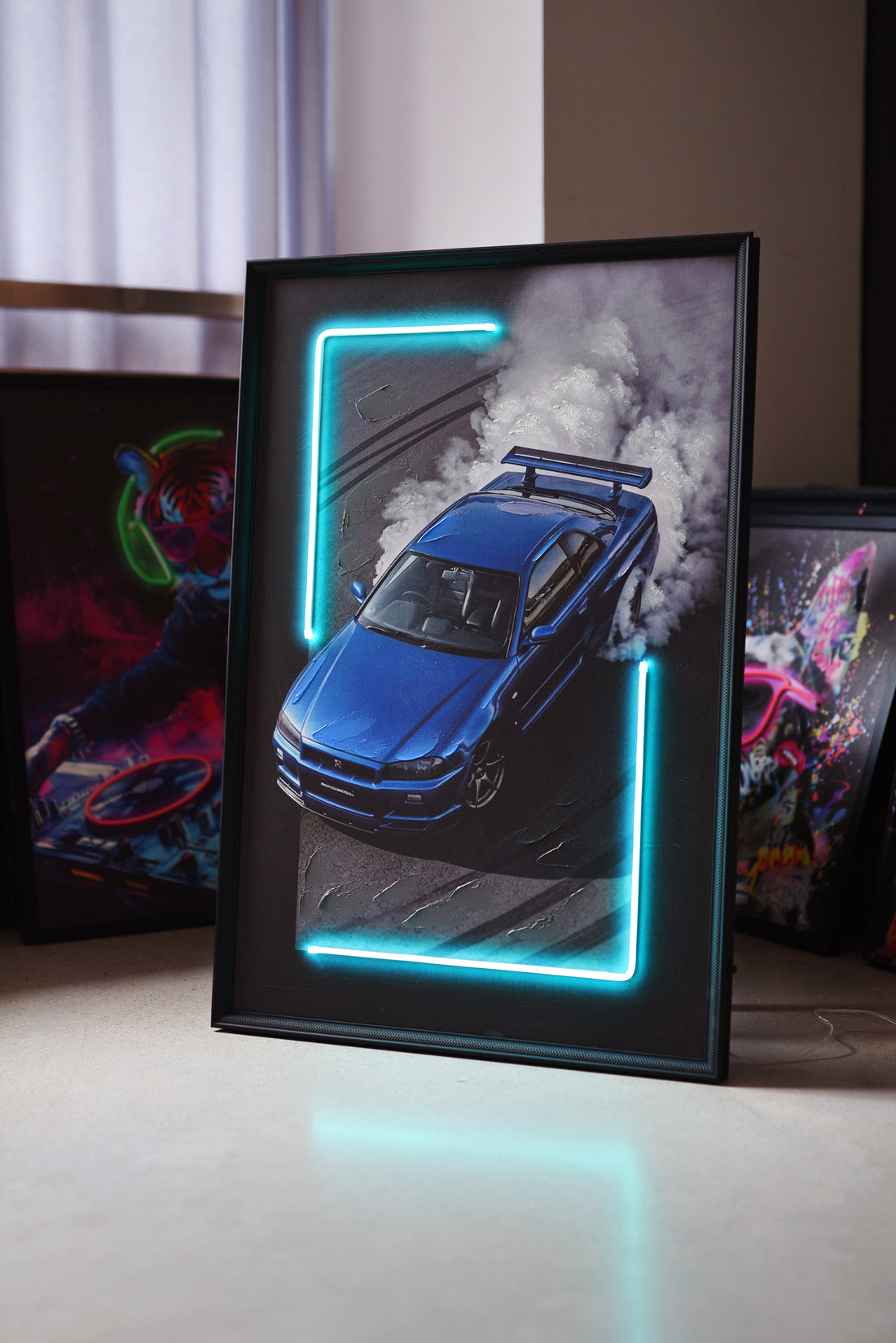 Drift King LED Wall Art – Blue Japanese Sports Car Canvas (63X93cm)