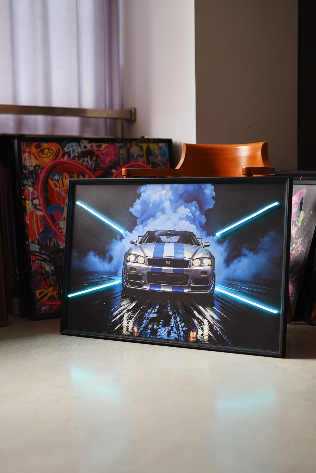 Skyline Legend LED Wall Art – Silver R34 GT-R Canvas (93x63cm)