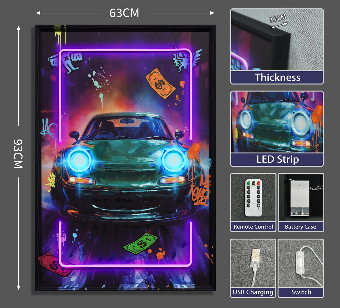 Neon Street Roadster LED Wall Art – Green Japanese Sports Car Canvas (63x93cm)