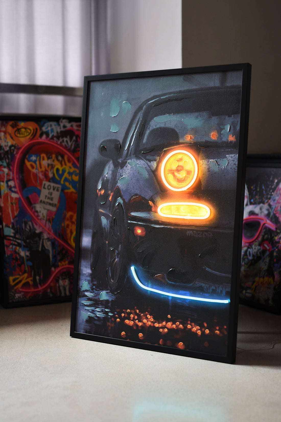 Midnight Roadster LED Wall Art – Black Mazda MX-5 Canvas (63x93cm)