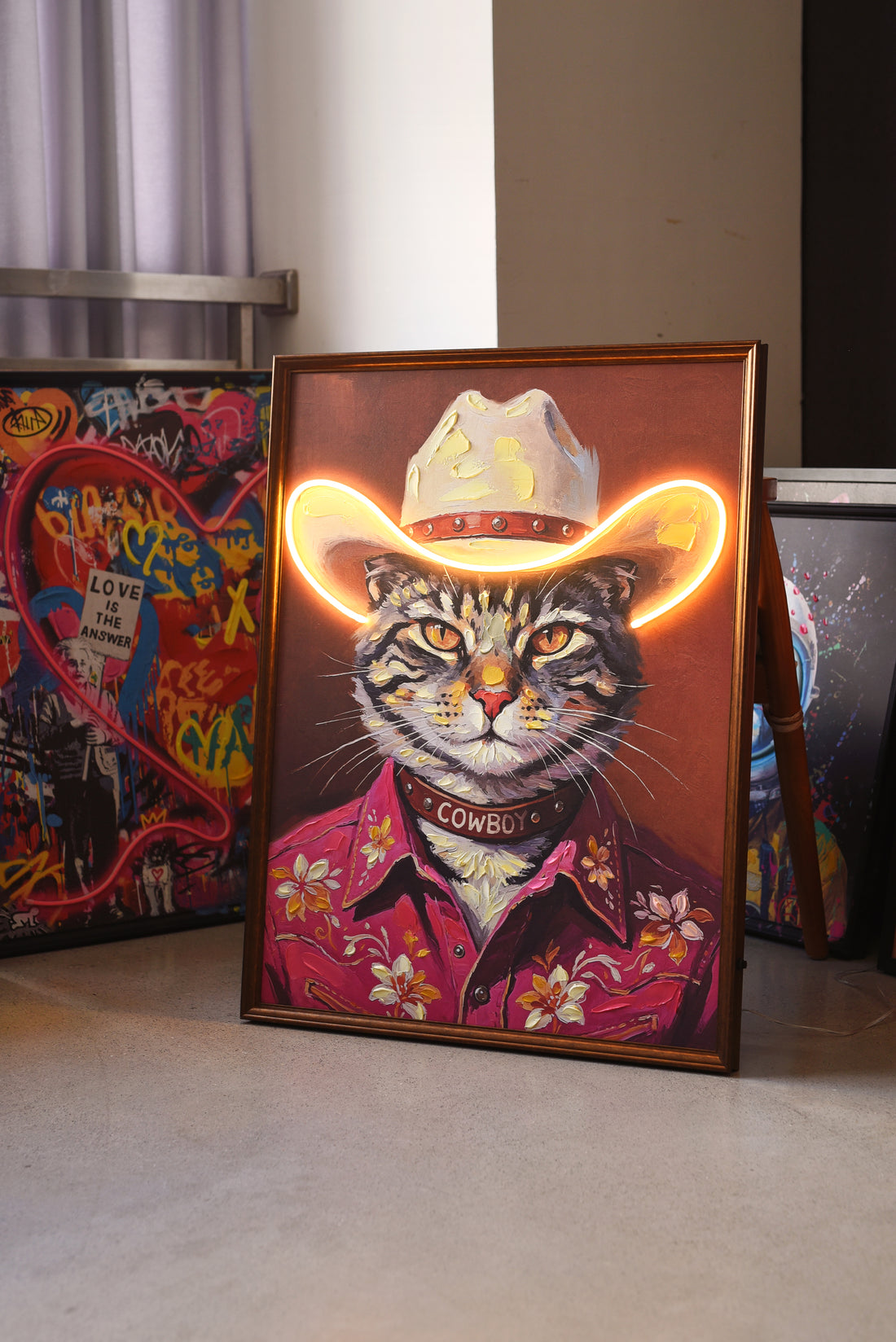Cowboy Cat LED Wall Art – Western Tabby Canvas (63x83cm)