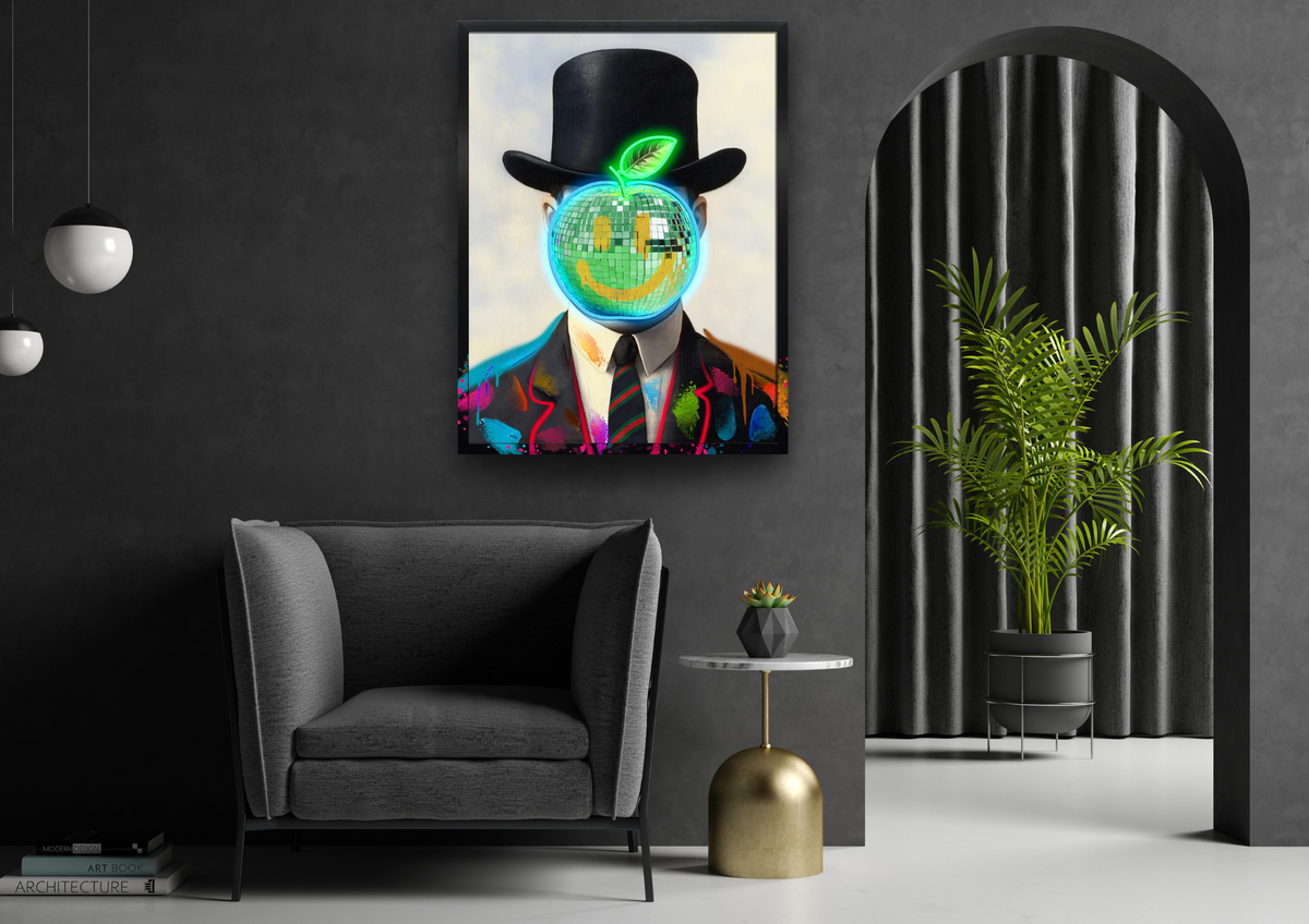 Neon Gentleman LED wall art with a glowing green disco-ball apple face in a dark hallway