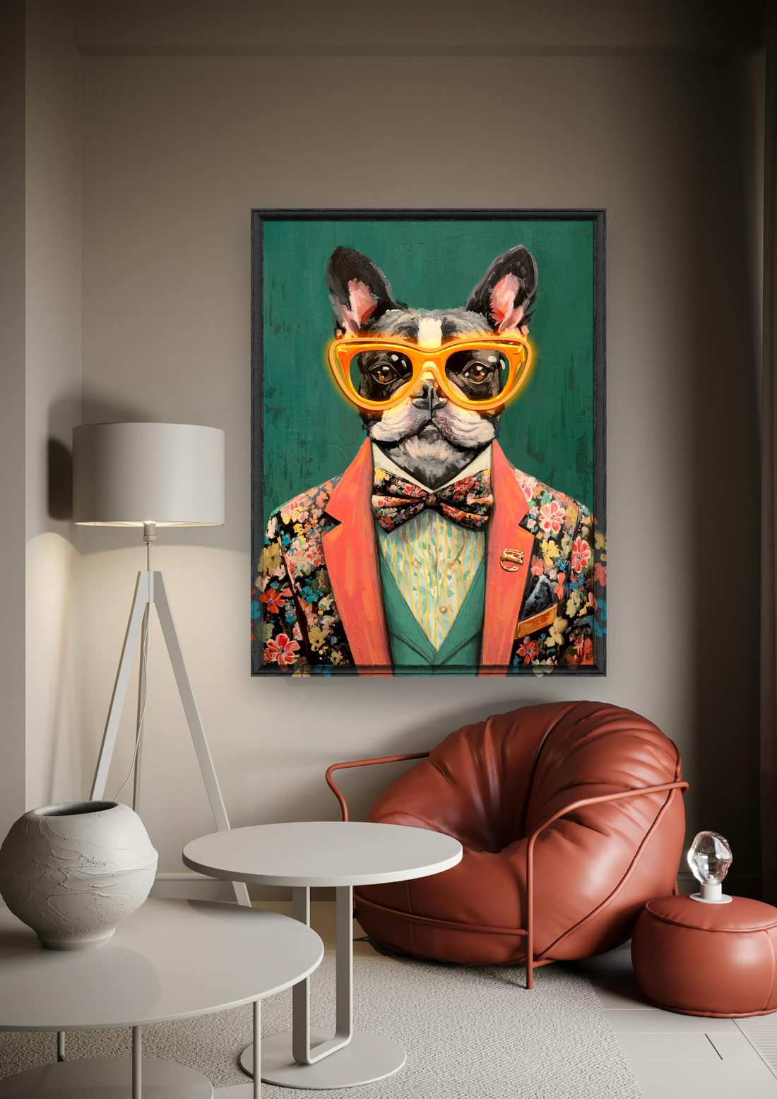 Gentleman Bulldog LED Wall Art – Floral Suit Canvas (63x83cm)