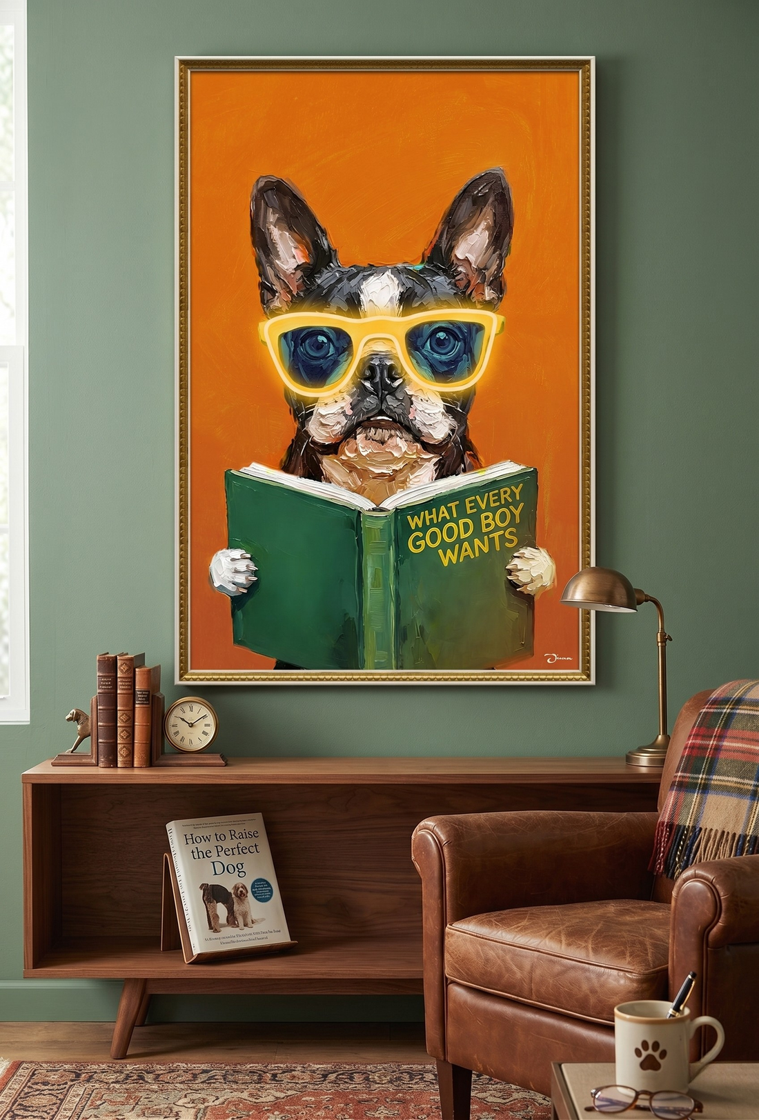 Smart French Bulldog LED Wall Art – Neon Glasses Canvas (63x93cm)