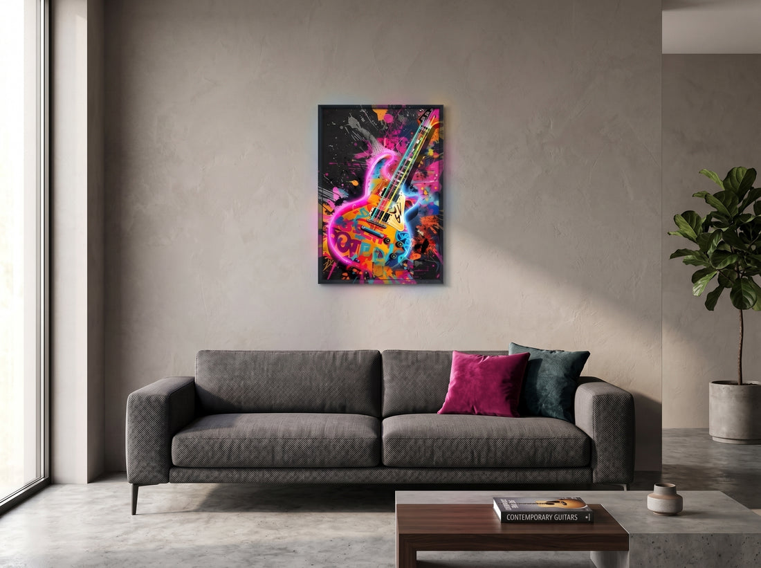 Electric Rhythm LED Wall Art – Neon Pop Art Guitar Canvas (63x93cm)
