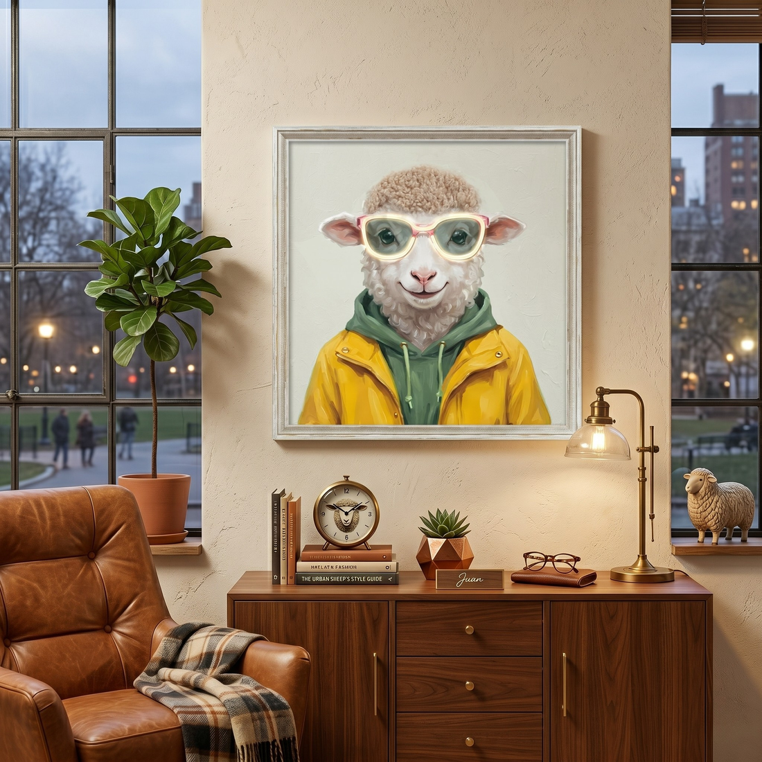 Stylish Sheep LED Wall Art – Neon Glasses Canvas (63x63cm)