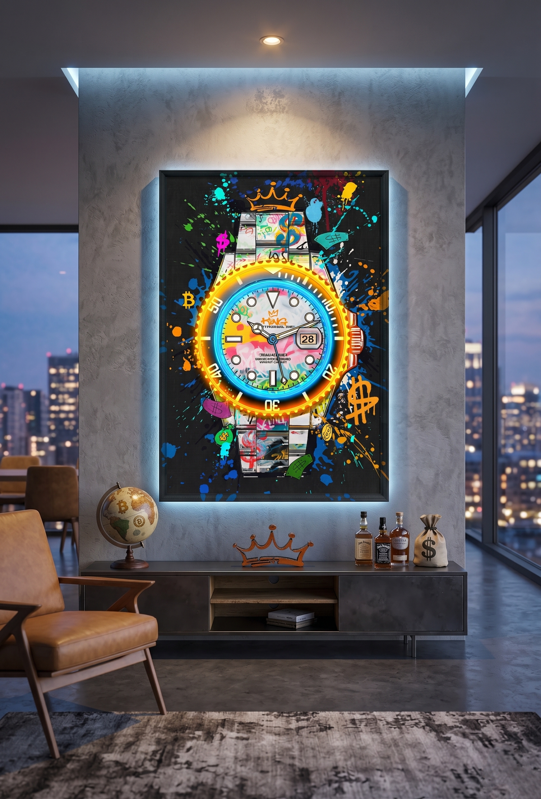 Luxury Time LED Wall Art – Neon Watch Canvas (63x93cm)