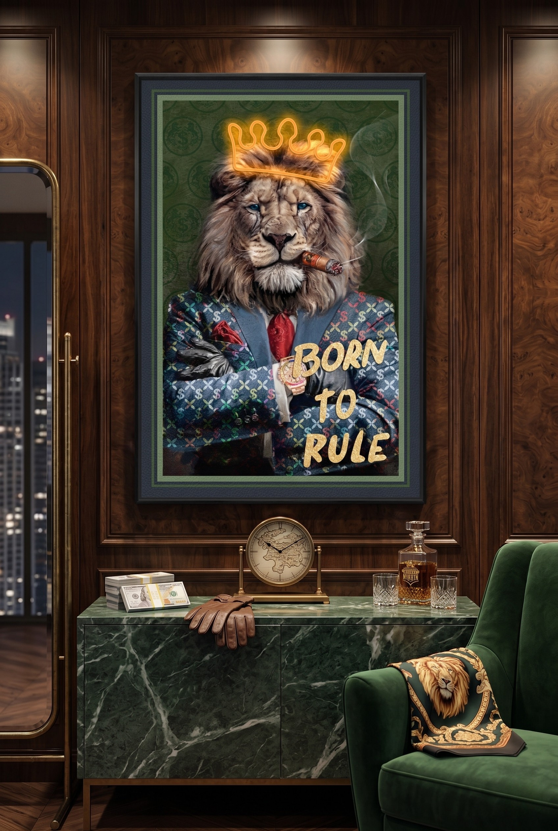 Born to Rule LED Wall Art – Neon Boss Lion Canvas (61.6x91.6cm)