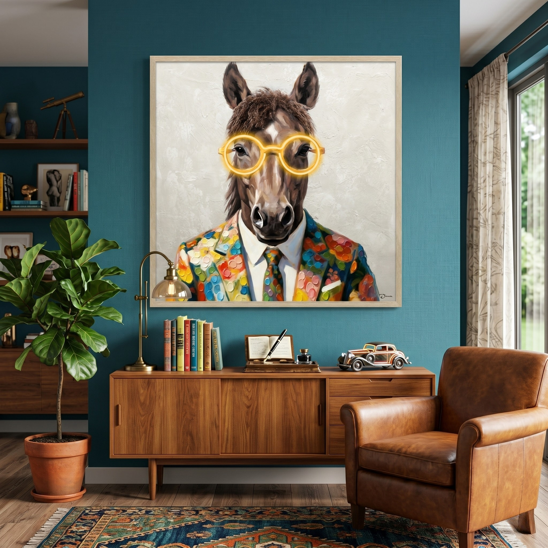 Stylish Horse LED Wall Art – Neon Glasses Canvas (83x83cm)