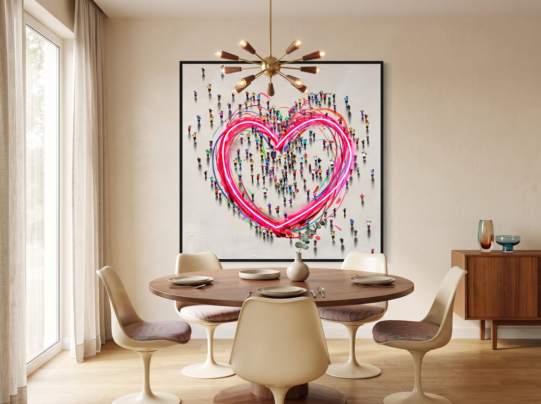 Together in Love LED Wall Art – Neon Heart Crowd Canvas (83x83cm)