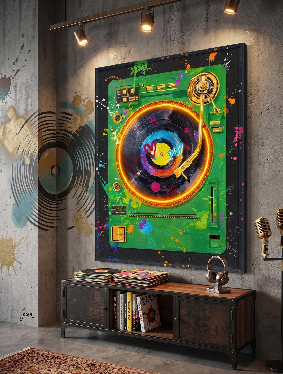 DJ Pop Turntable LED Wall Art – Neon DJ Record Player Canvas (63x83cm)