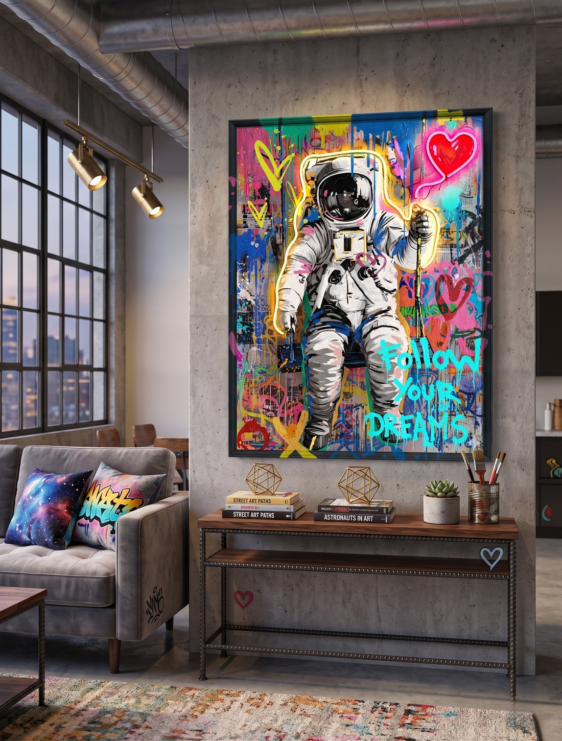 Follow Your Dreams LED Wall Art – Neon Astronaut Canvas (63x83cm)