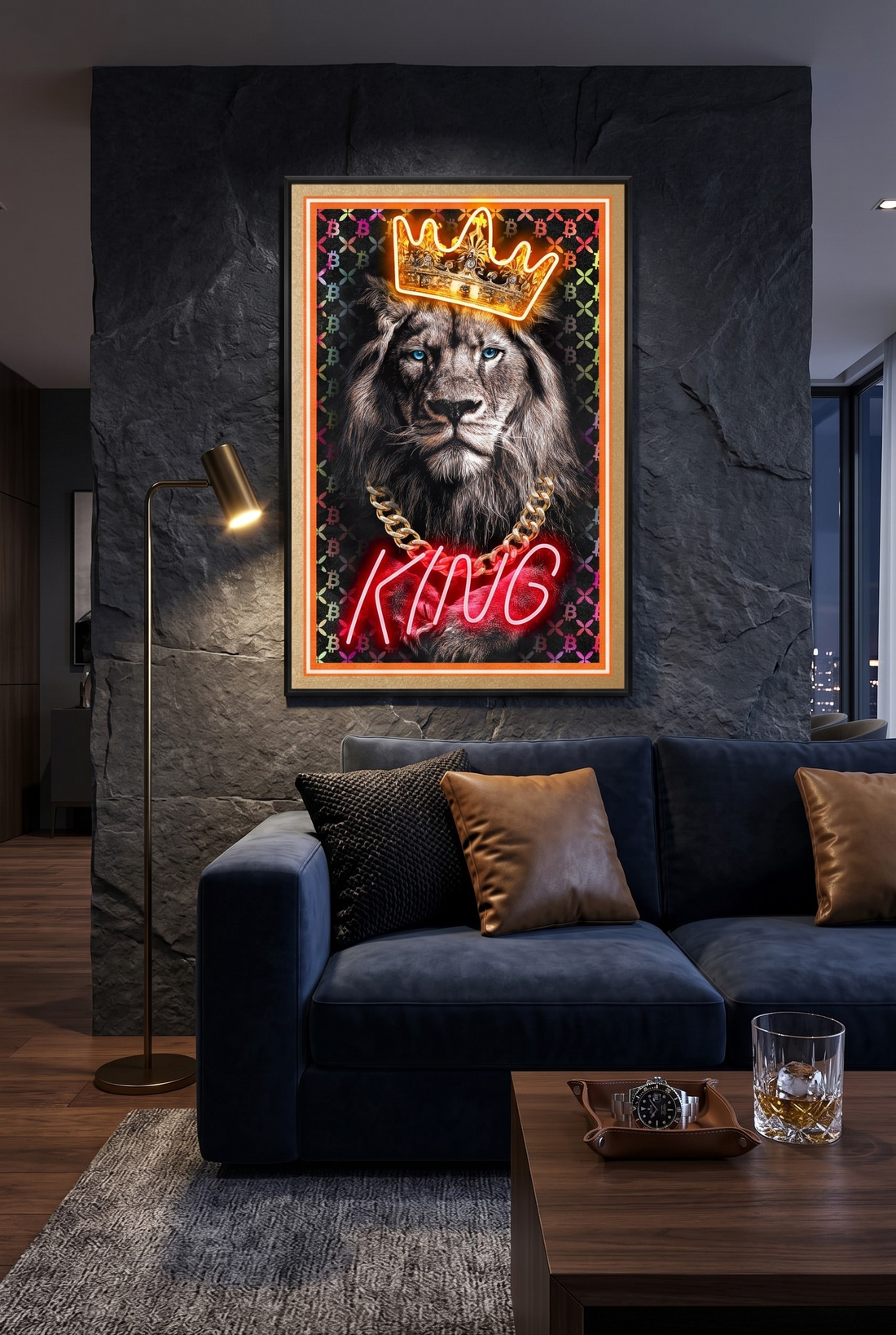 King Lion LED Wall Art – Neon Bitcoin Crown Canvas (61.6x91.6cm)