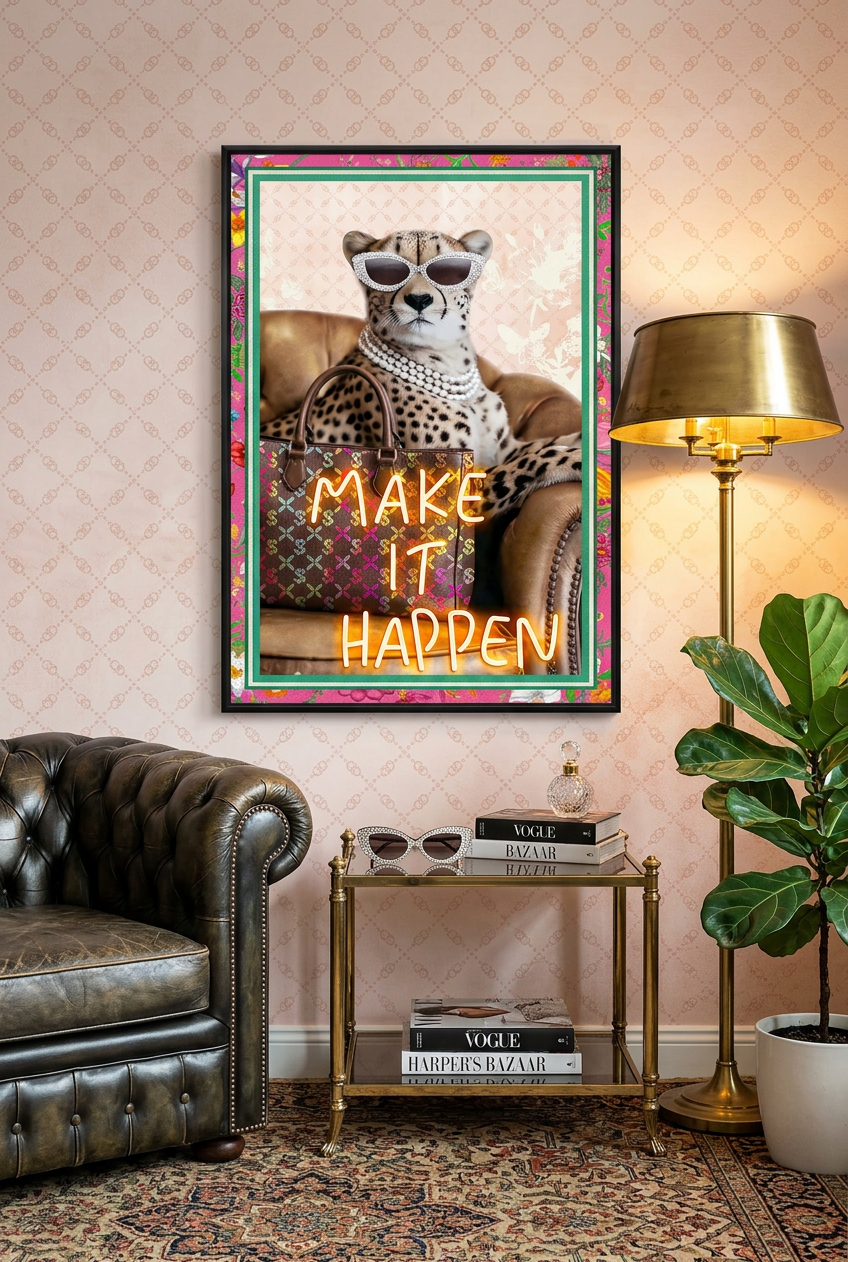Make It Happen LED Wall Art – Neon Cheetah Canvas (61.6x91.6cm)
