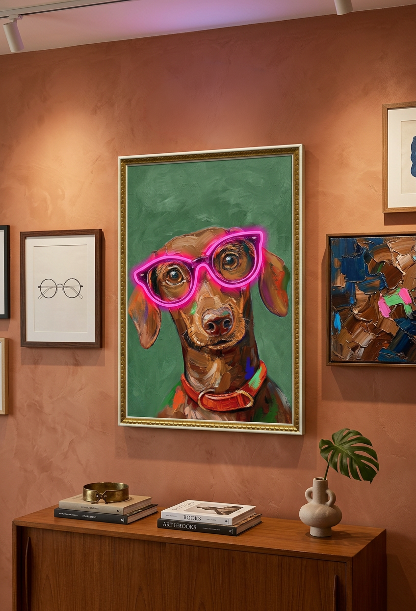 Neon Glasses Dog LED Wall Art – Pink Shades Canvas (43x63cm)