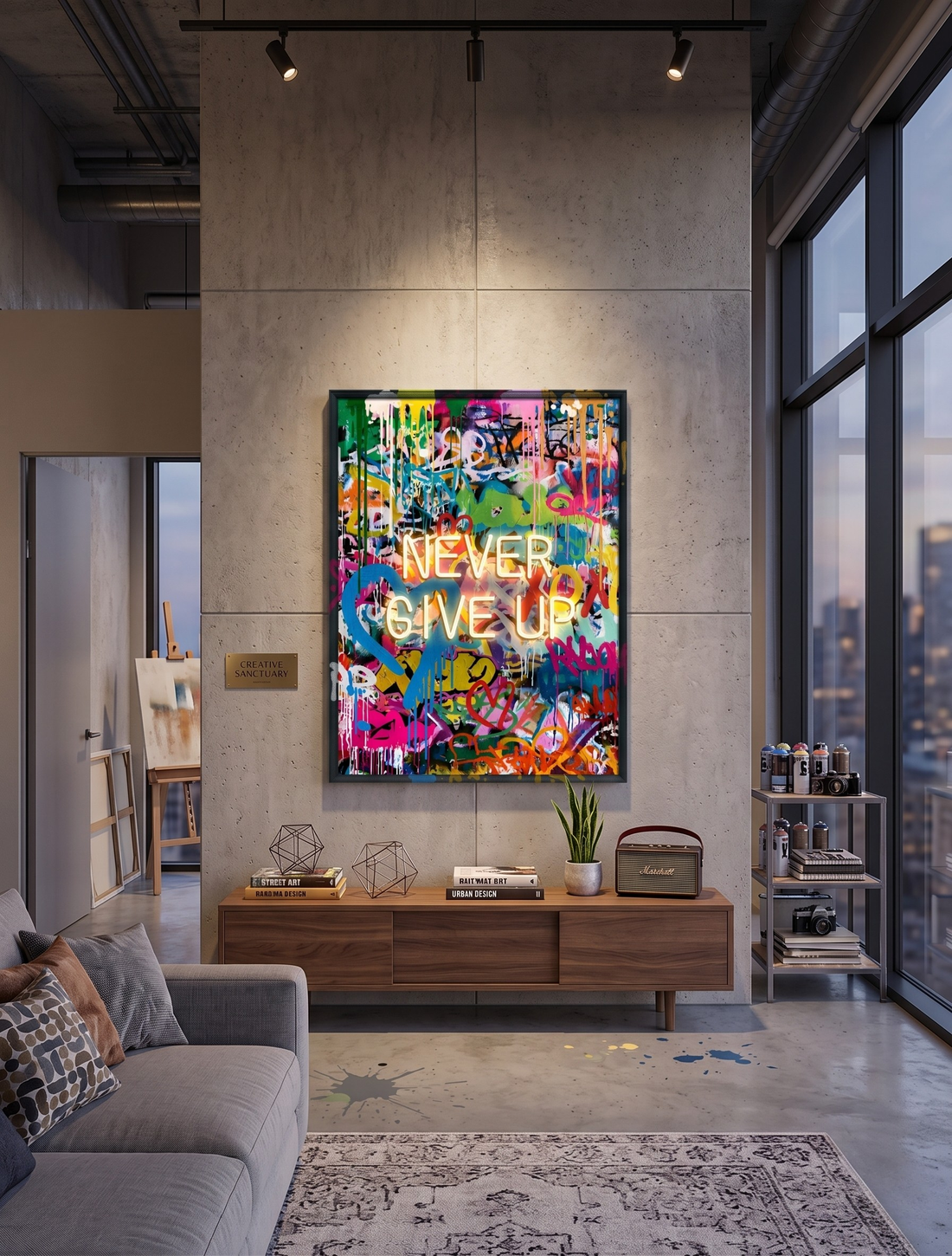 Never Give Up LED Wall Art – Neon Graffiti Canvas (63x83cm)