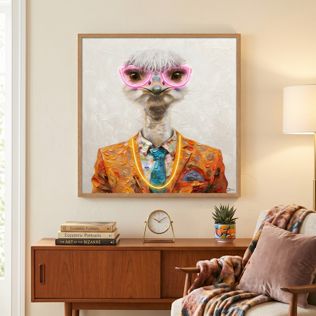 Stylish Ostrich LED Wall Art – Neon Glasses Canvas (83x83cm)