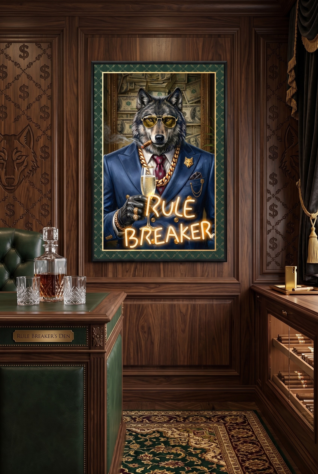 Rule Breaker LED Wall Art – Neon Wolf Canvas (61.6x91.6cm)