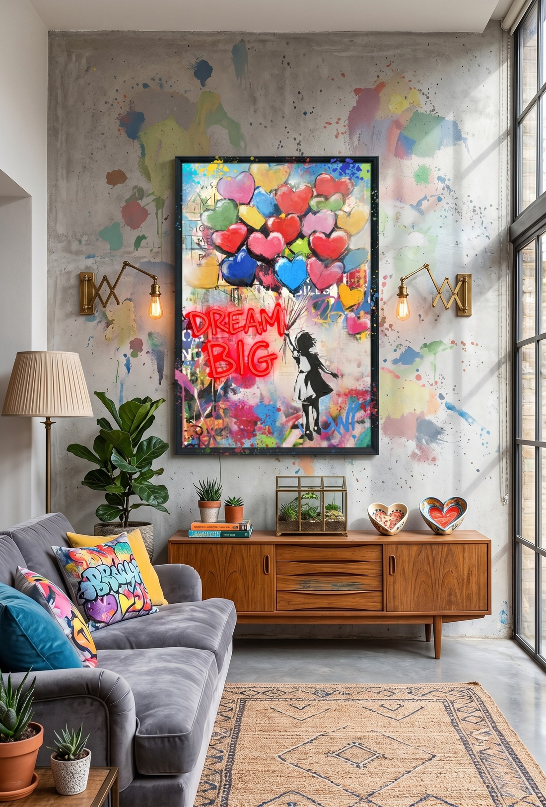 Dream Big LED Wall Art – Neon Heart Balloons Canvas (63x93cm)