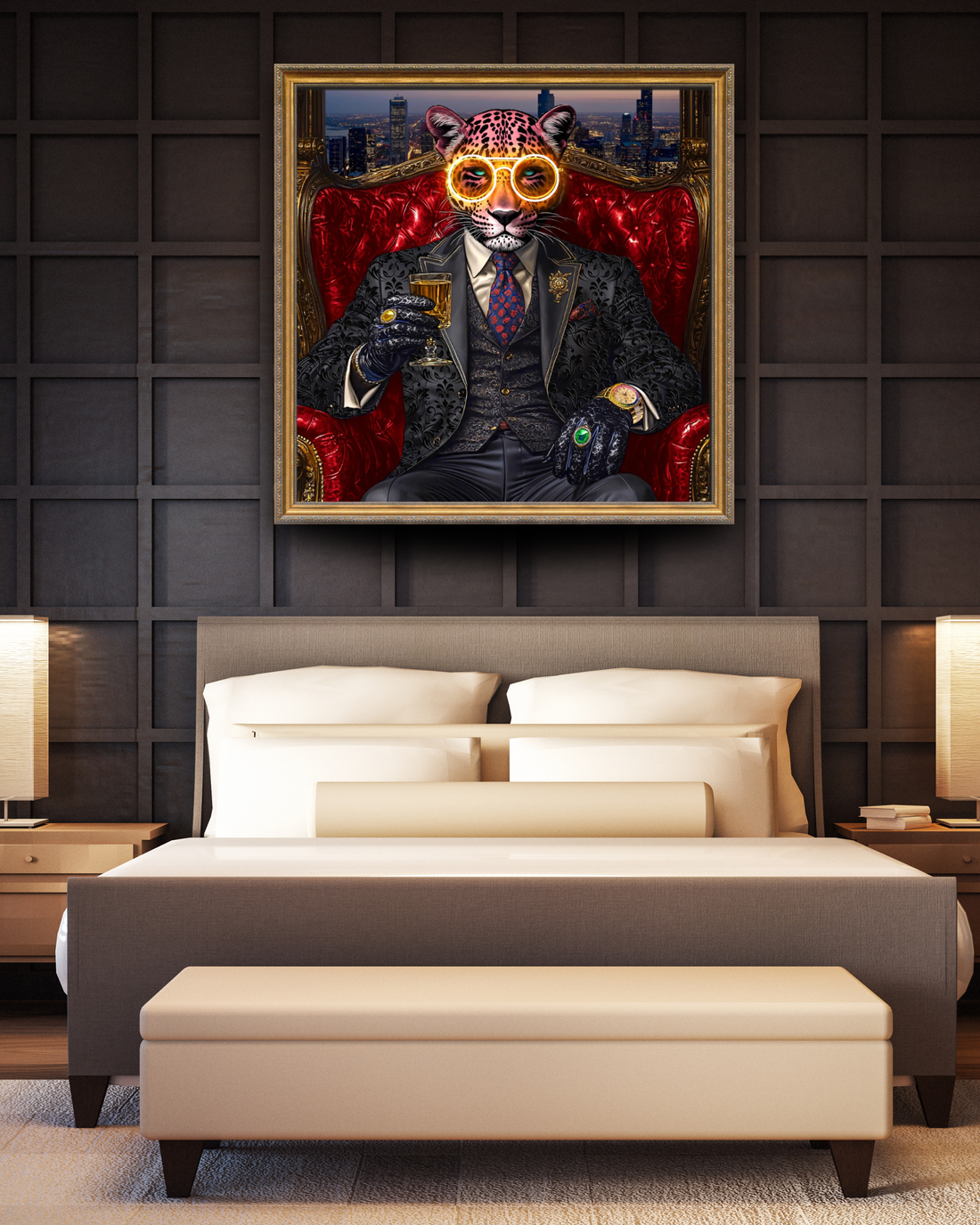Royal Leopard LED Wall Art – Gold Glasses Canvas (100x100cm)